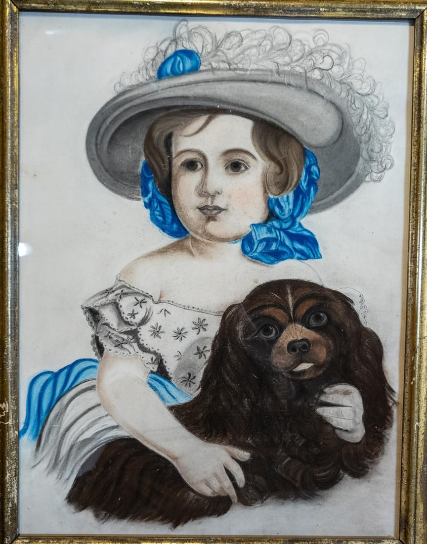 19th Century American Folk Art Pastel Portrait of a Young Girl and Her Dog - 10