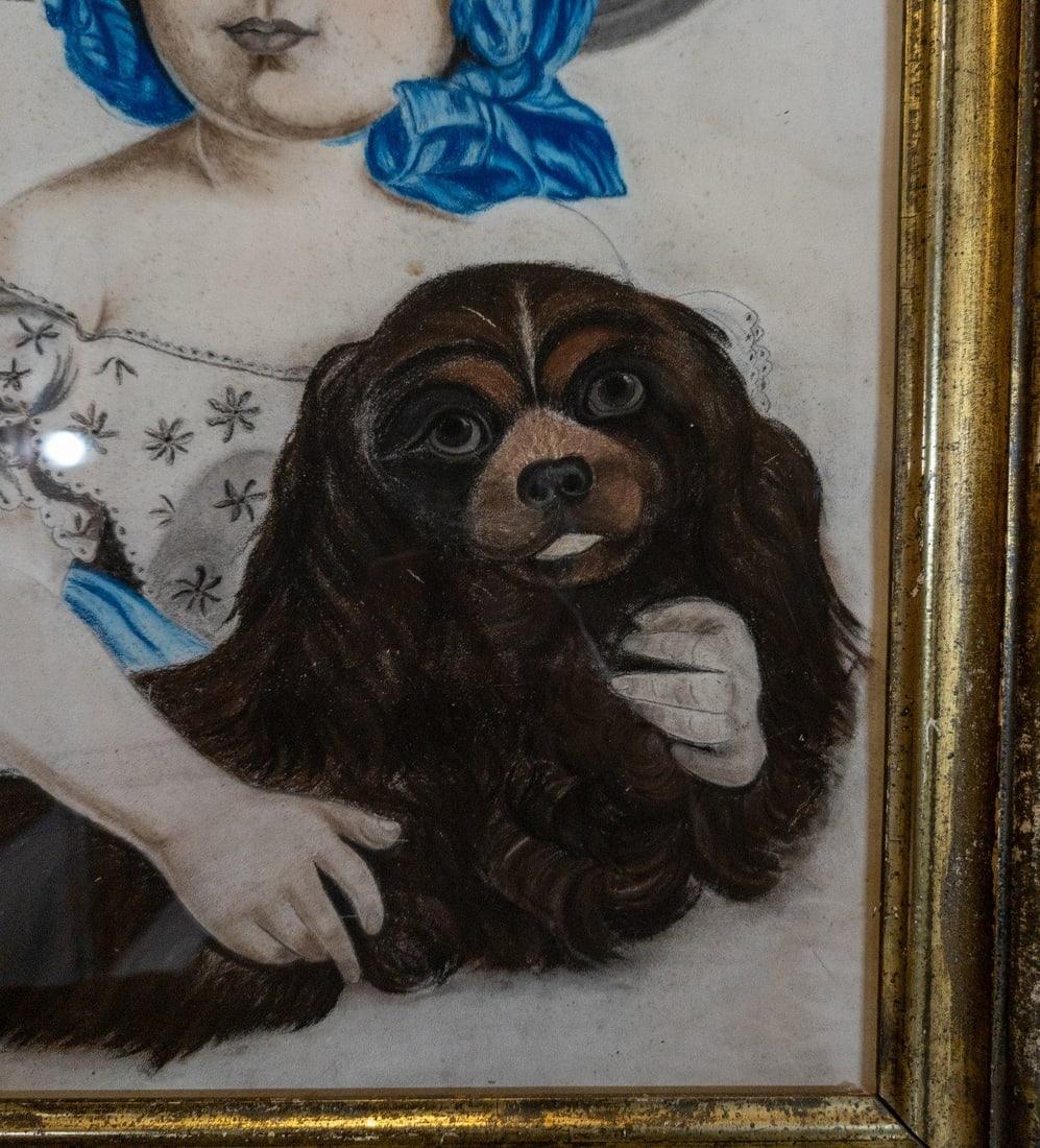 19th Century American Folk Art Pastel Portrait of a Young Girl and Her Dog - 11