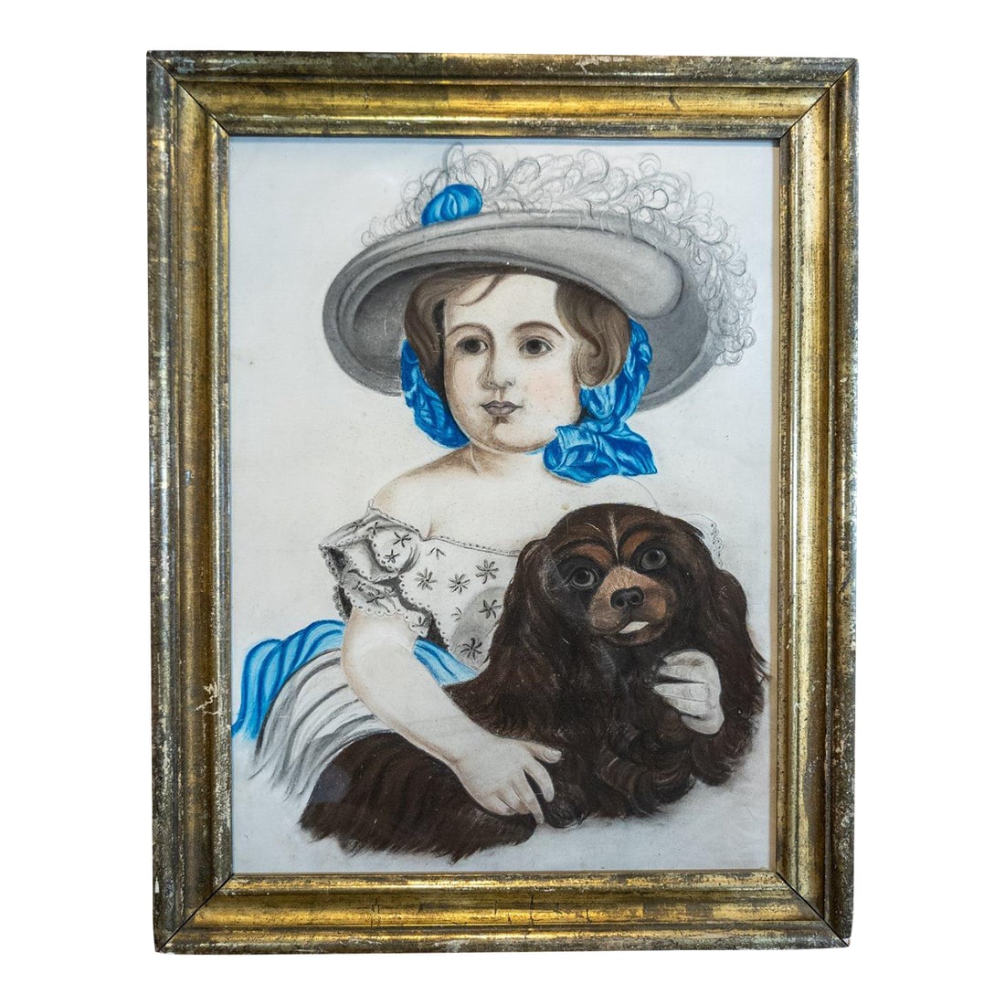 19th Century American Folk Art Pastel Portrait of a Young Girl and Her Dog: We are selling this charming pastel drawing of a pretty young girl in fancy dress with her King Charles Spaniel. This fine folk art pastel is very well executed and is probably after the Currier and