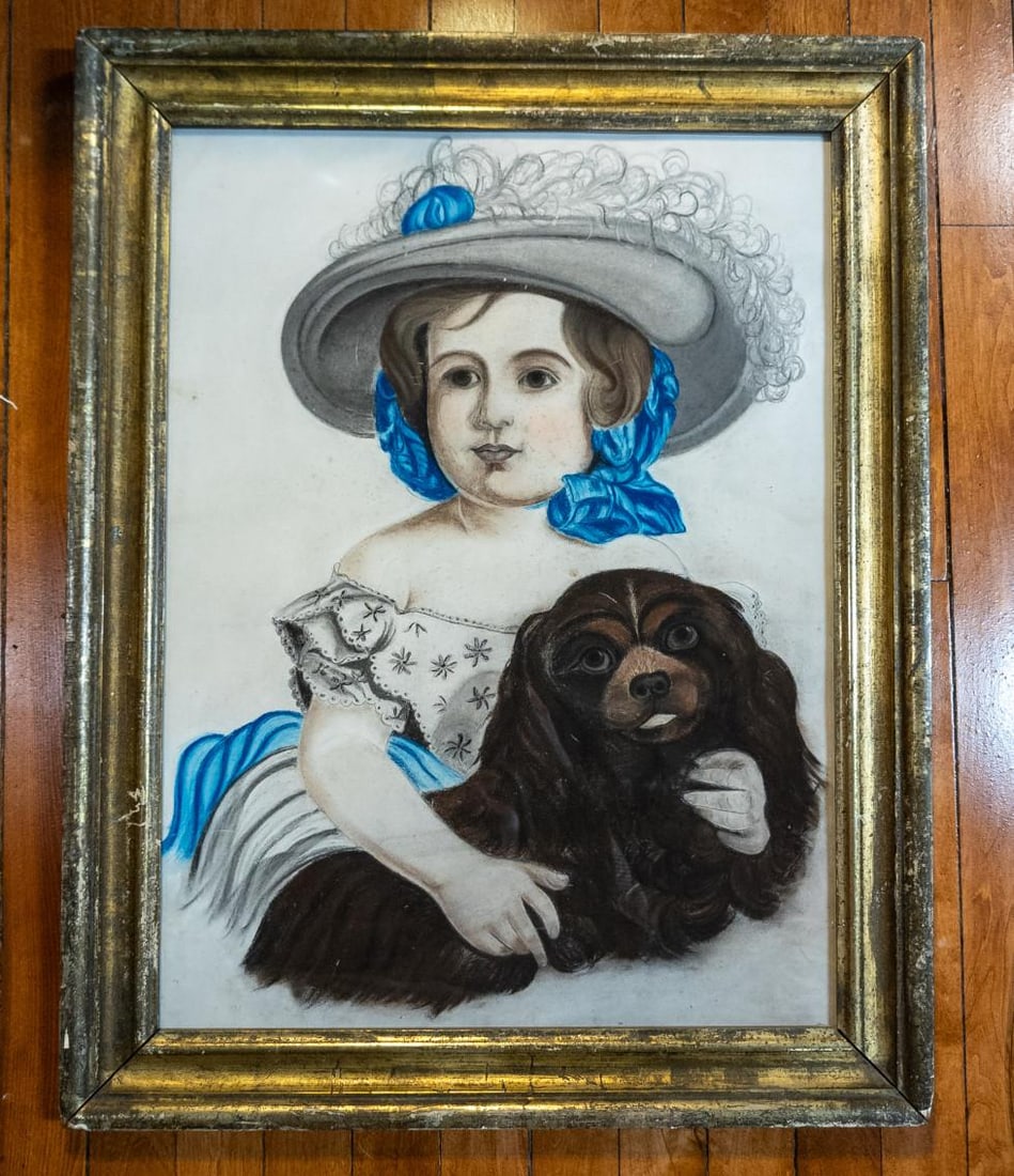 19th Century American Folk Art Pastel Portrait of a Young Girl and Her Dog - 2