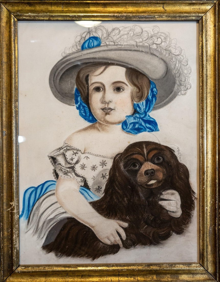 19th Century American Folk Art Pastel Portrait of a Young Girl and Her Dog - 3