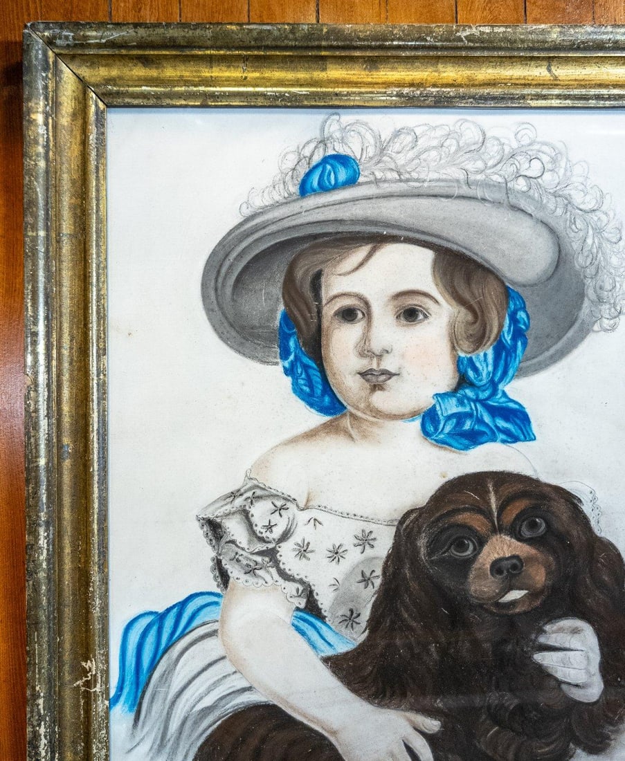 19th Century American Folk Art Pastel Portrait of a Young Girl and Her Dog - 4