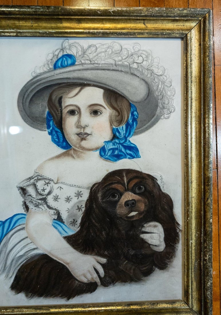 19th Century American Folk Art Pastel Portrait of a Young Girl and Her Dog - 5