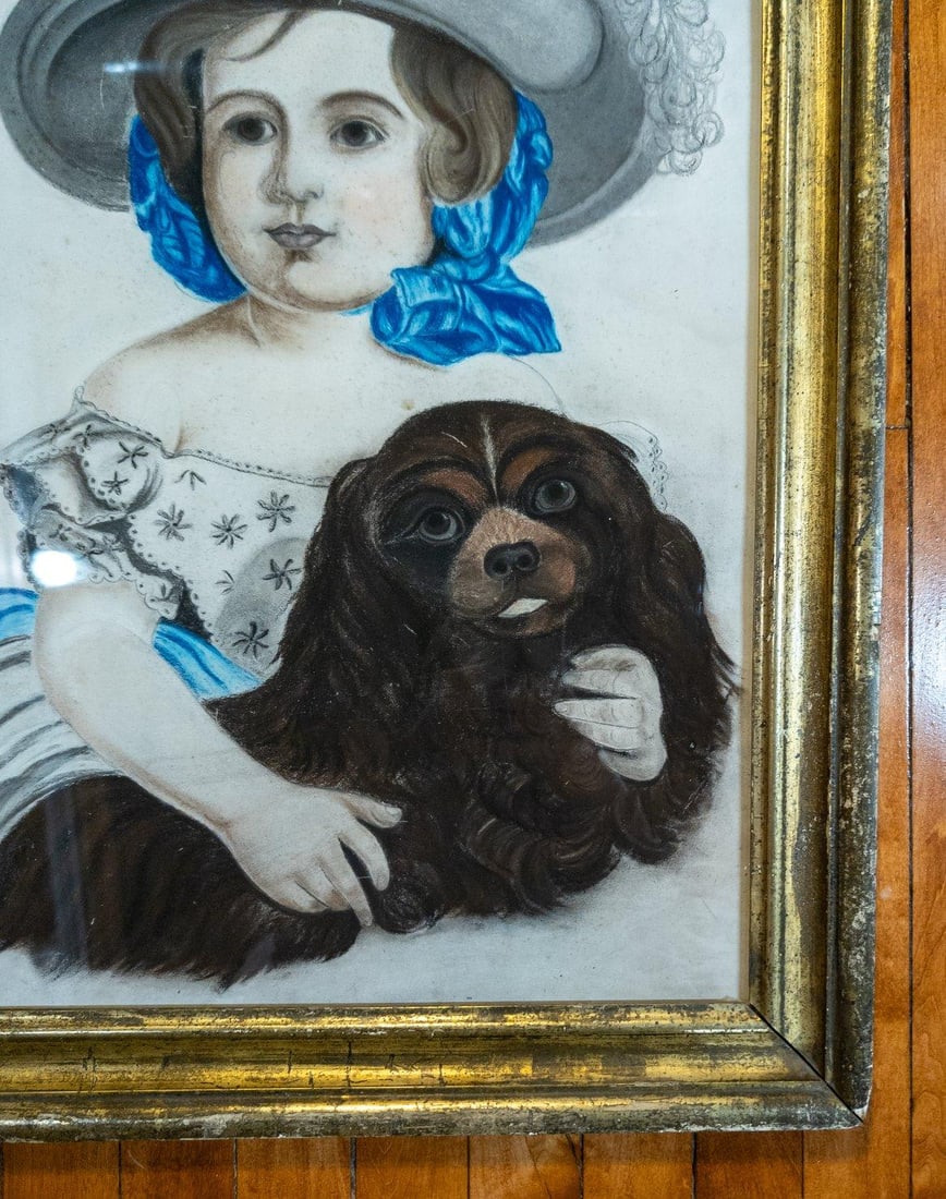 19th Century American Folk Art Pastel Portrait of a Young Girl and Her Dog - 6