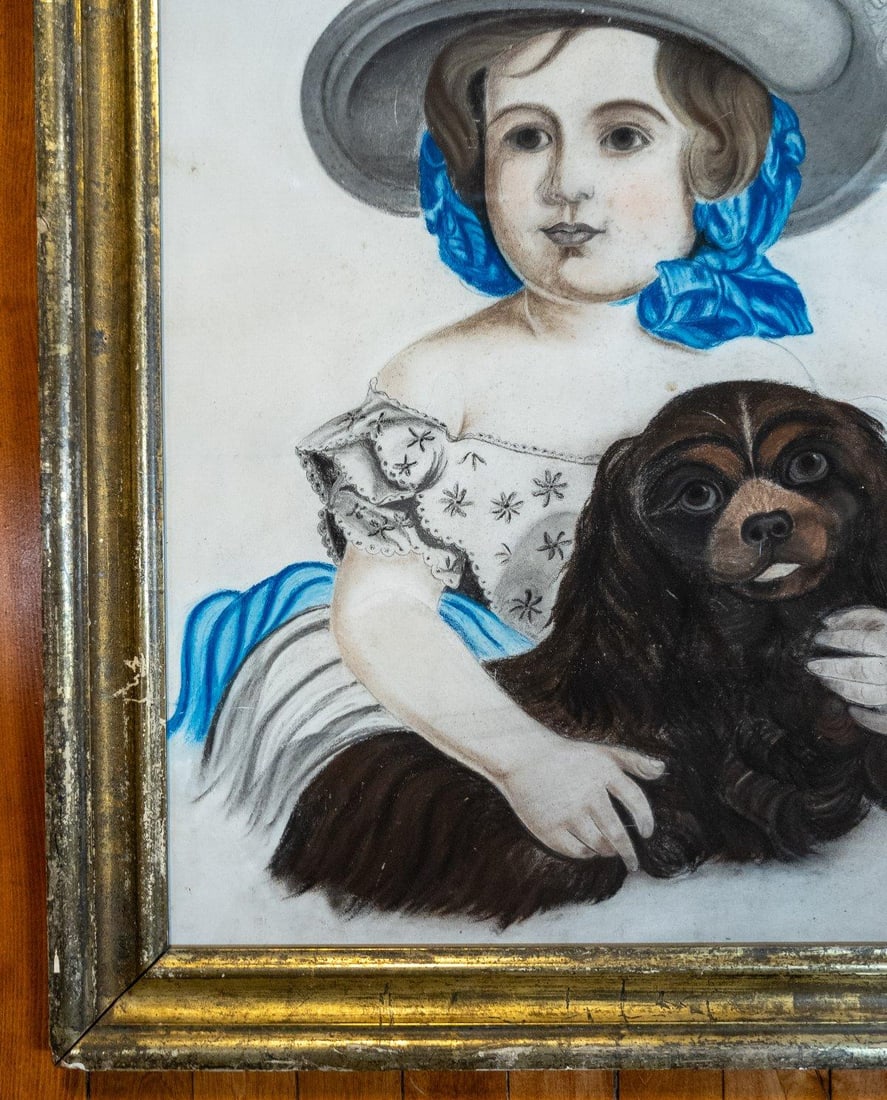 19th Century American Folk Art Pastel Portrait of a Young Girl and Her Dog - 7