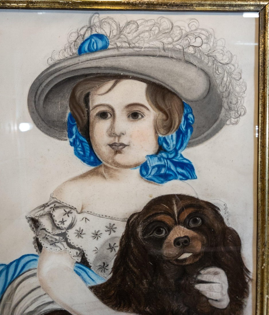 19th Century American Folk Art Pastel Portrait of a Young Girl and Her Dog - 8