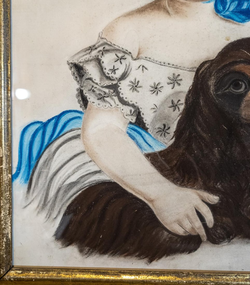 19th Century American Folk Art Pastel Portrait of a Young Girl and Her Dog - 9