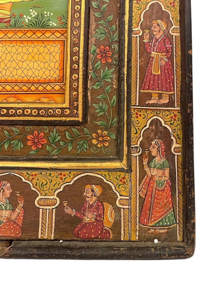 1970s Hand-Painted Indian Mughal-Style Portrait Panel on Wood - 12