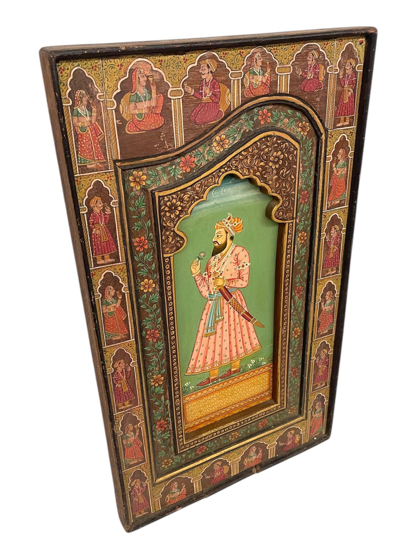 1970s Hand-Painted Indian Mughal-Style Portrait Panel on Wood - 2