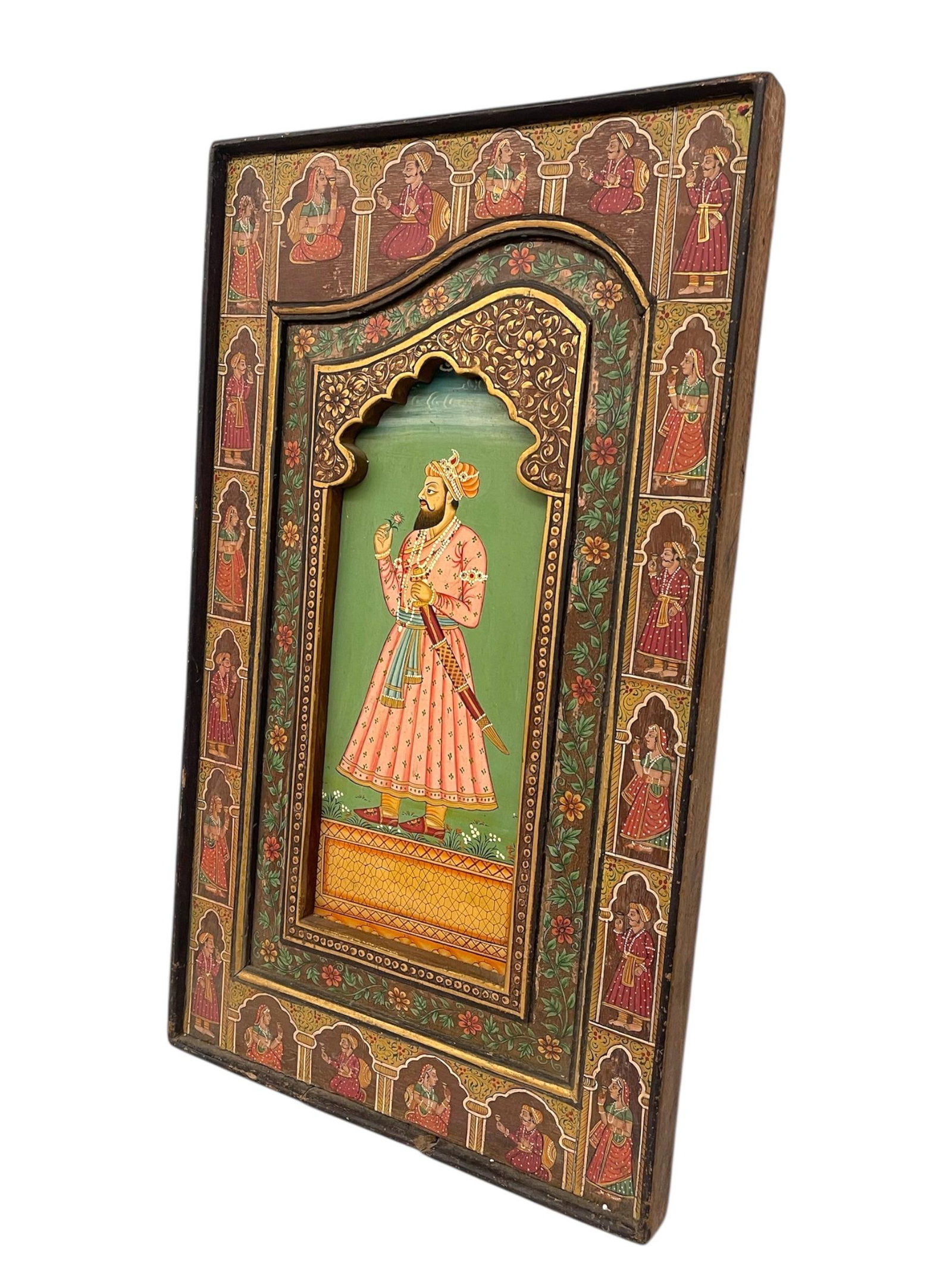 1970s Hand-Painted Indian Mughal-Style Portrait Panel on Wood - 3
