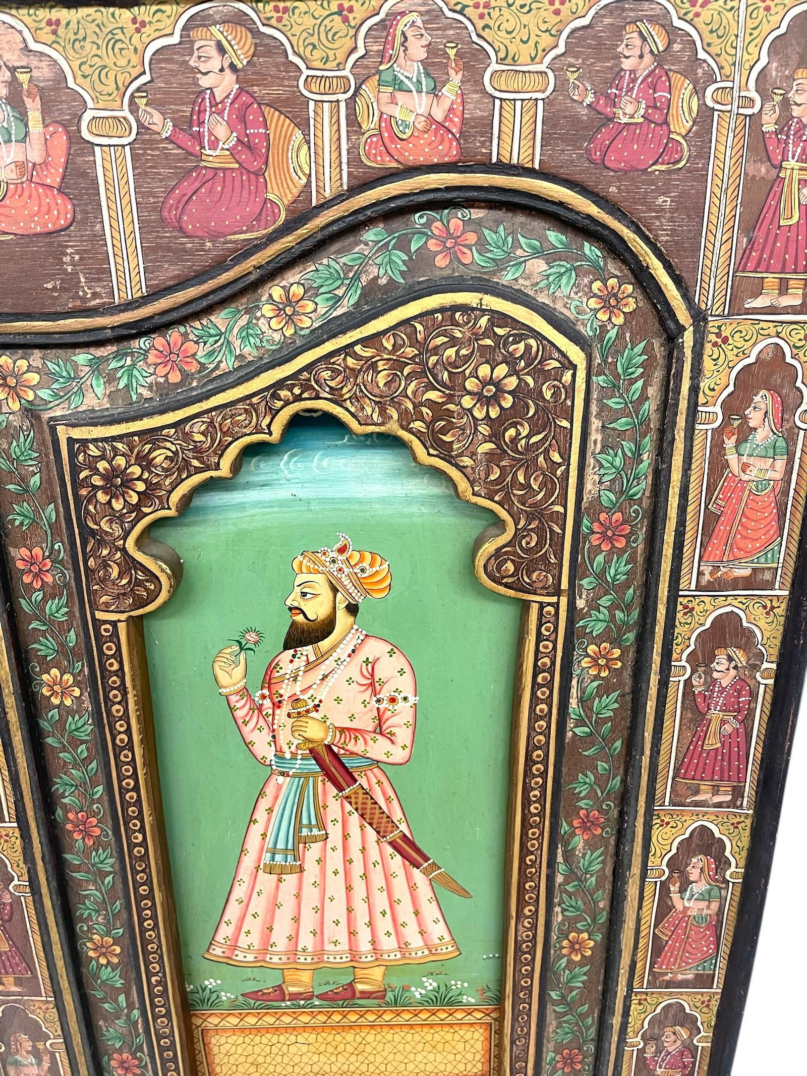 1970s Hand-Painted Indian Mughal-Style Portrait Panel on Wood - 4