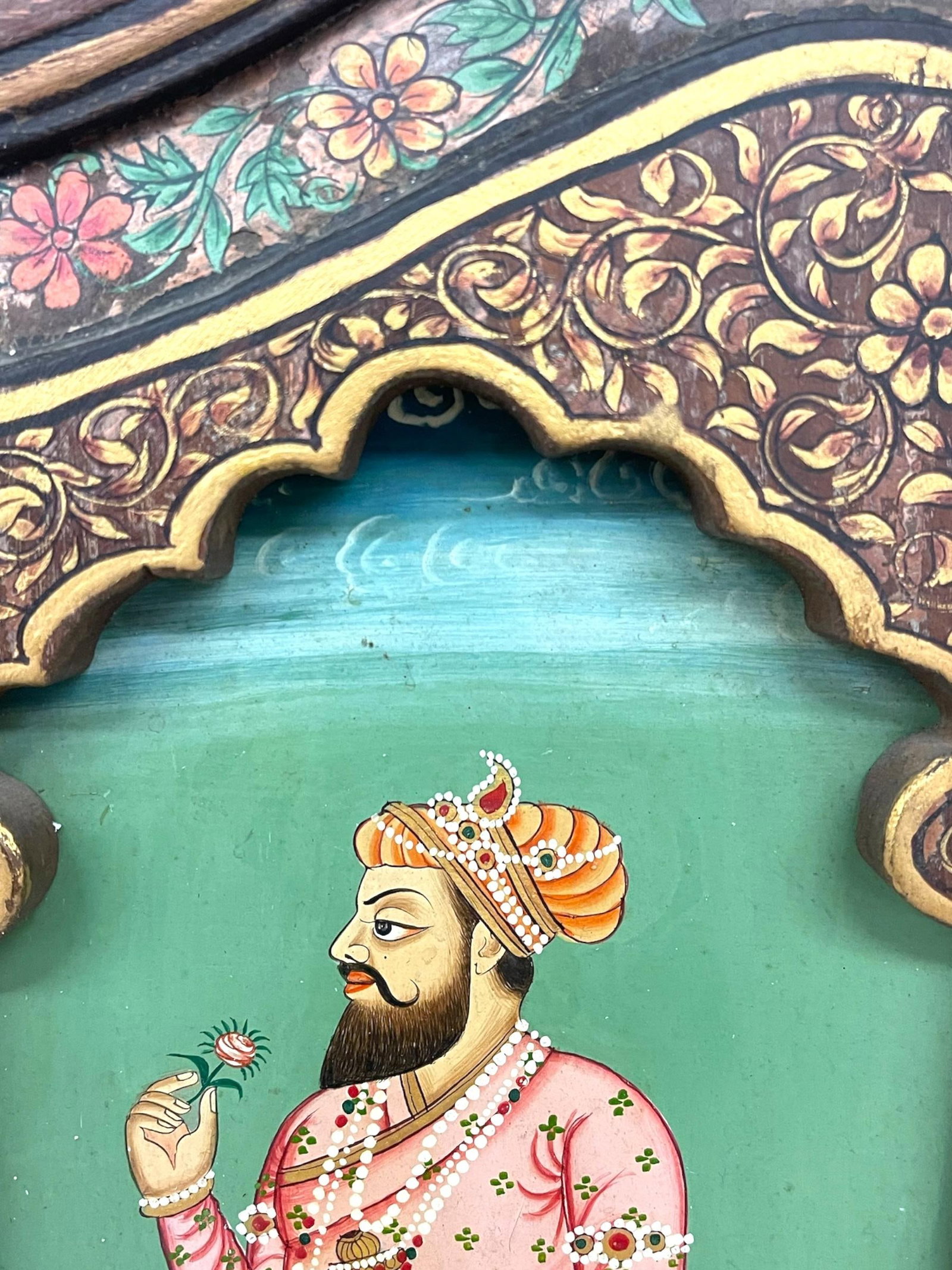 1970s Hand-Painted Indian Mughal-Style Portrait Panel on Wood - 5