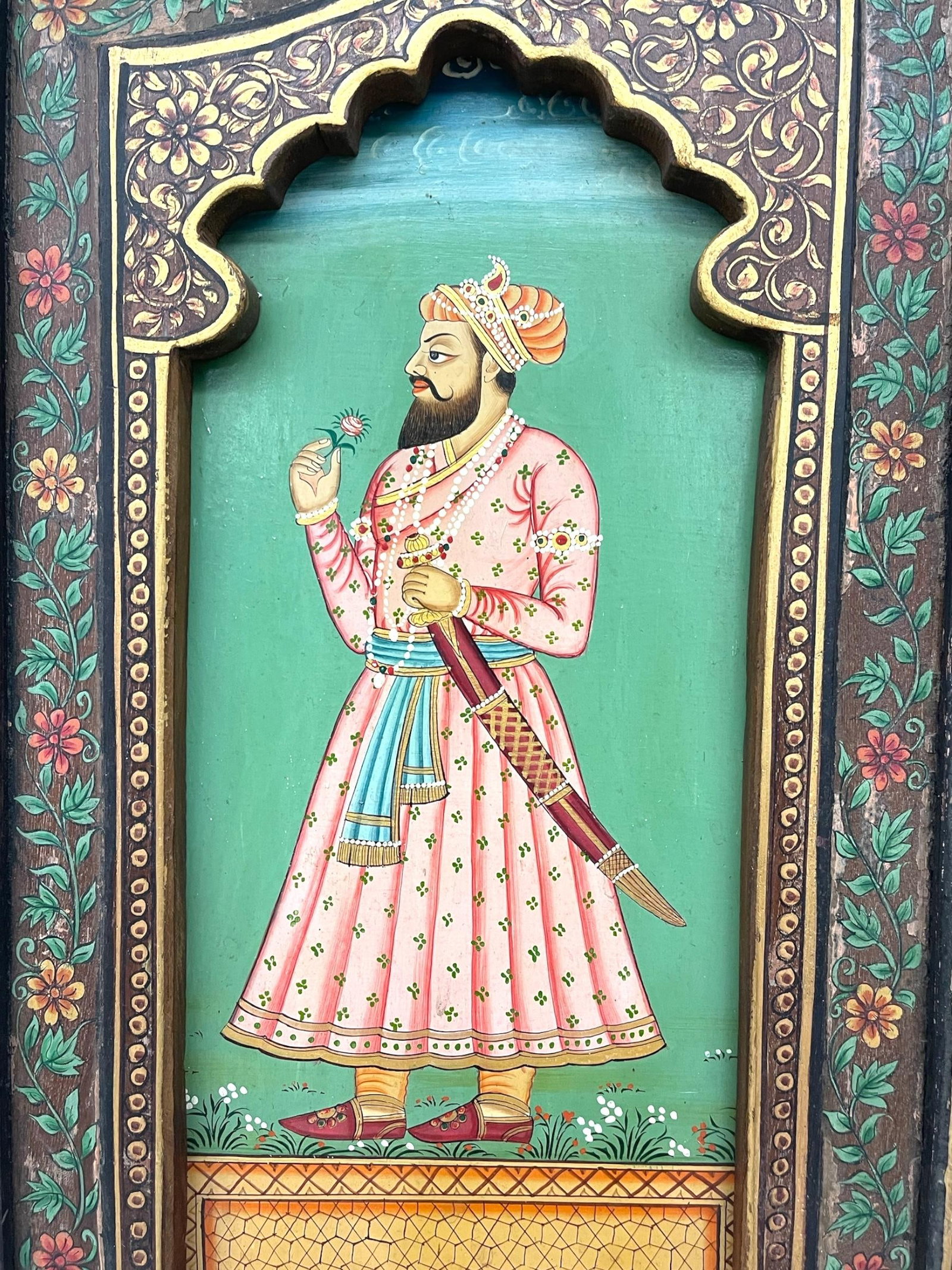 1970s Hand-Painted Indian Mughal-Style Portrait Panel on Wood - 7