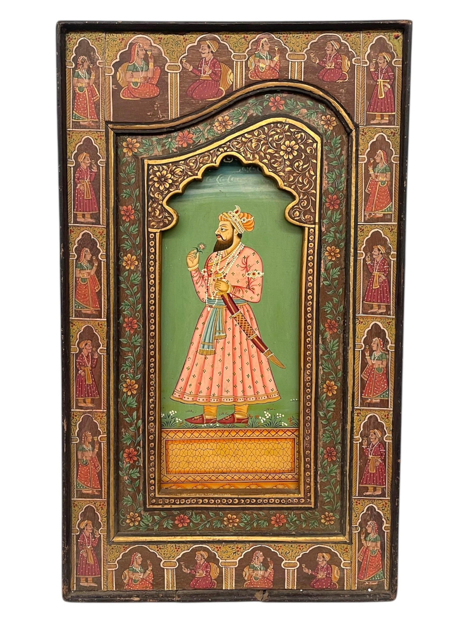 1970s Hand-Painted Indian Mughal-Style Portrait Panel on Wood - 8