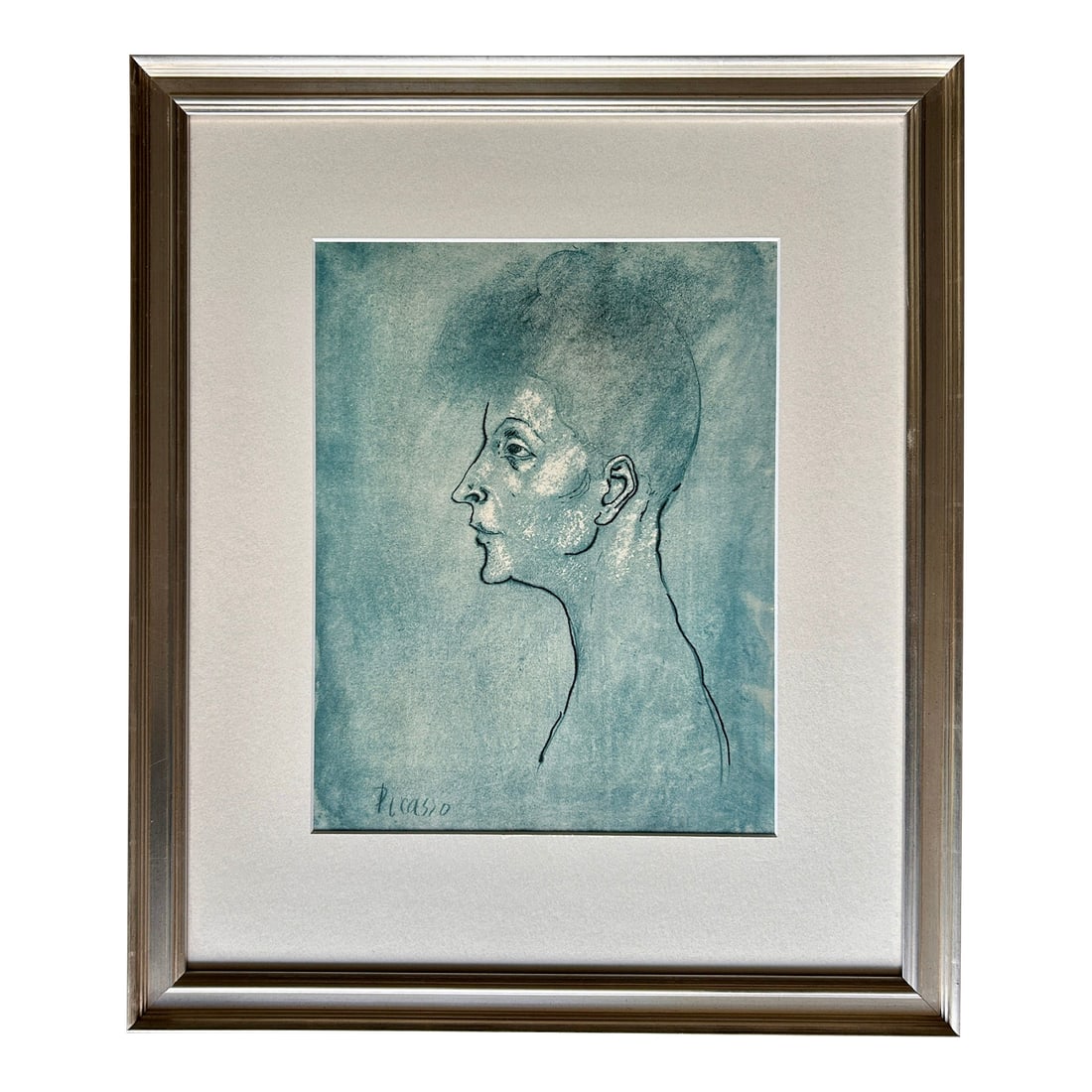 Pablo Picasso Head of a Woman Blue Period Portrait Signed Original Print: This is an extraordinarily RARE Pablo Picasso collotype with pochoir, titled "Head of a Woman". This is NOT a modern reprint. It is a vintage collotype with pochoir from a 1946 Picasso-authorized port