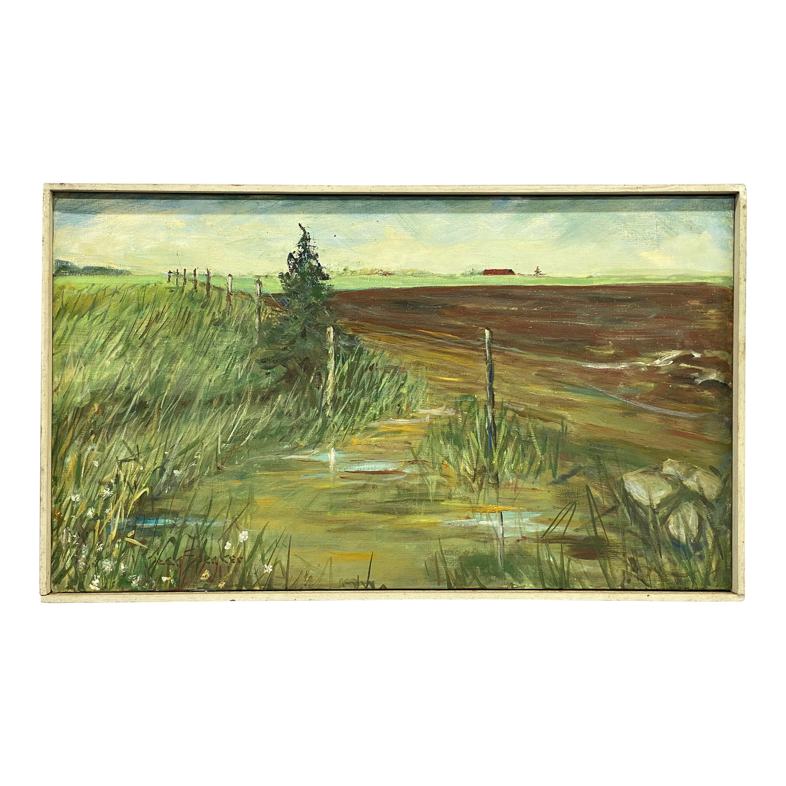 1960s Spring Plowing Martha's Vineyard Painting by Jean Spencer: Oil paint on stretched canvas painting entitled "Spring Plowing" Martha's Vineyard by Jean Spencer. Circa 1960-70. Signed lower left, Jean Spencer. Titled on reverse, "Spring Plowing", Martha's Vineya