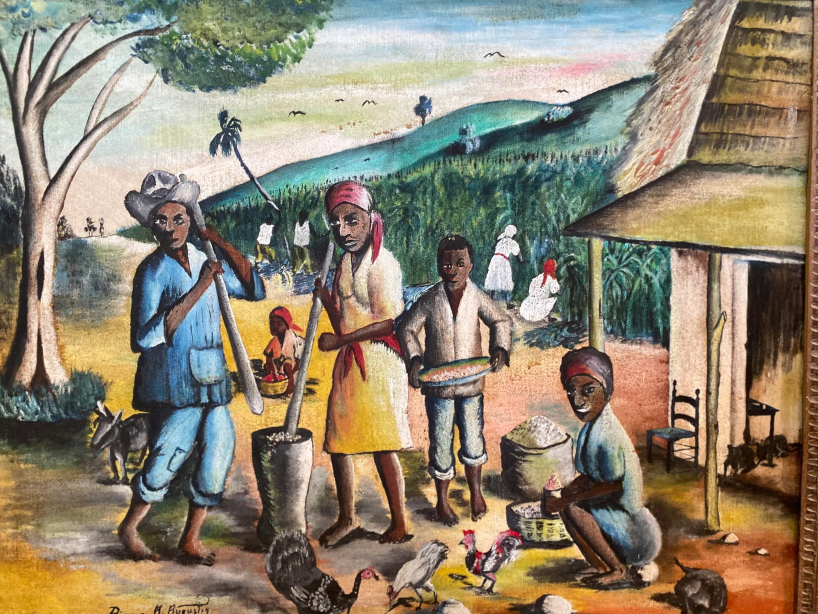 1969 Haitian Village Scene Folk Art Style Painting by Pierre Augustin, Framed - 2