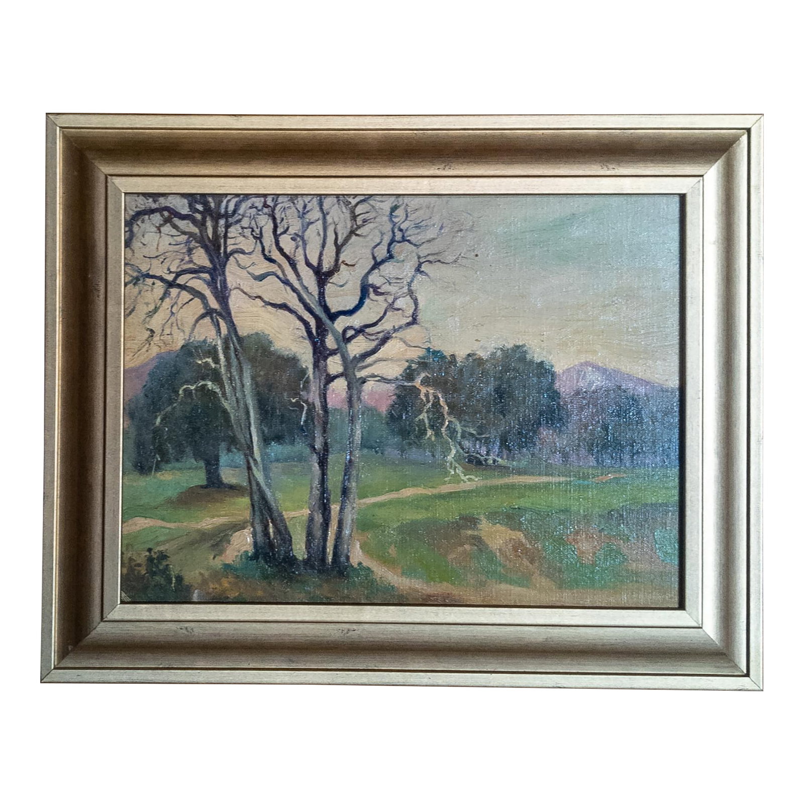 20th Century American Impressionist Landscape Painting, Unsigned: We are selling this attractive 20th century Impressionist landscape. This simple landscape has a really attractively painted group of trees on a field with mountains in the background. The piece is