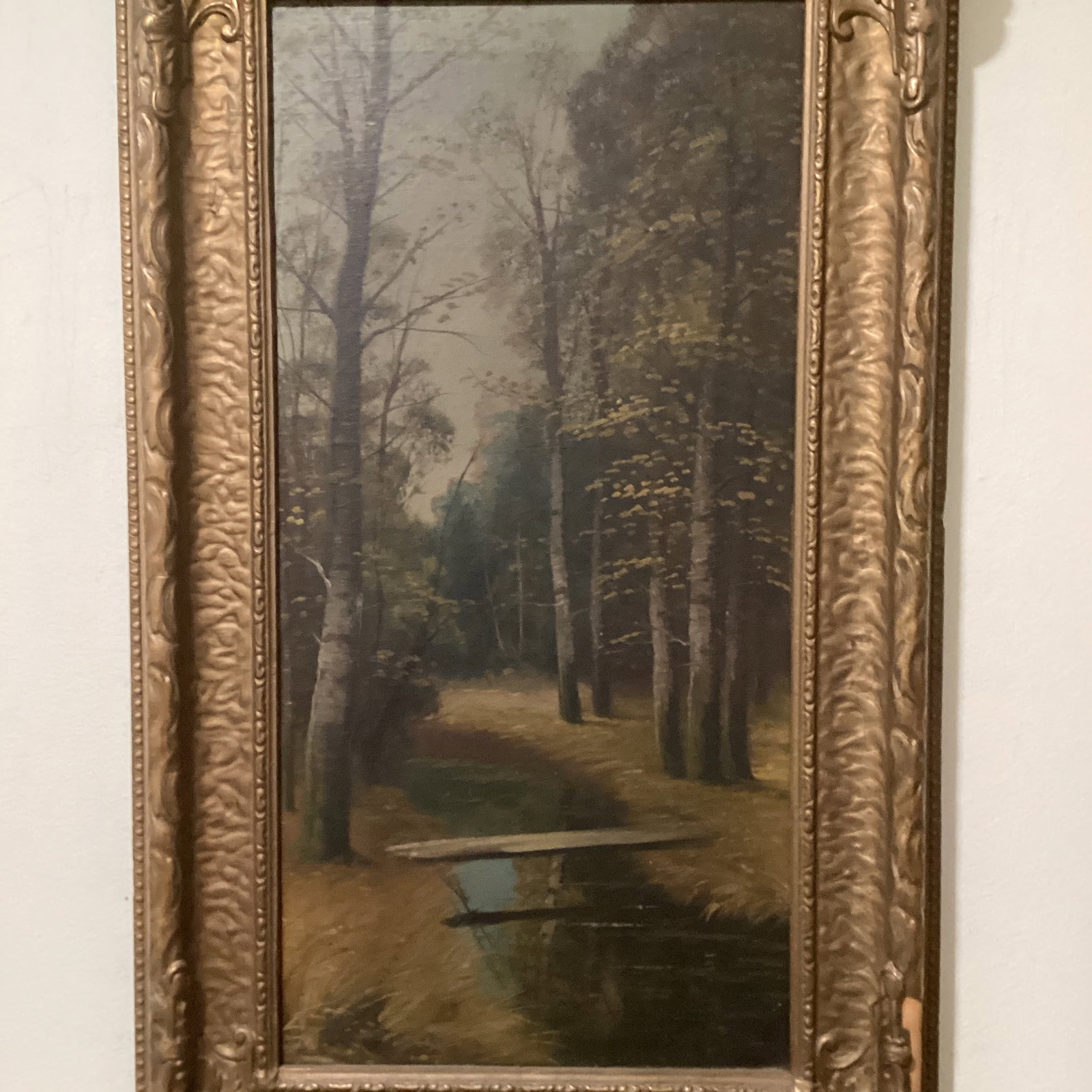 Antique Framed Painting on Canvas Golden Forest Pass With Bridge Over a Stream - 2