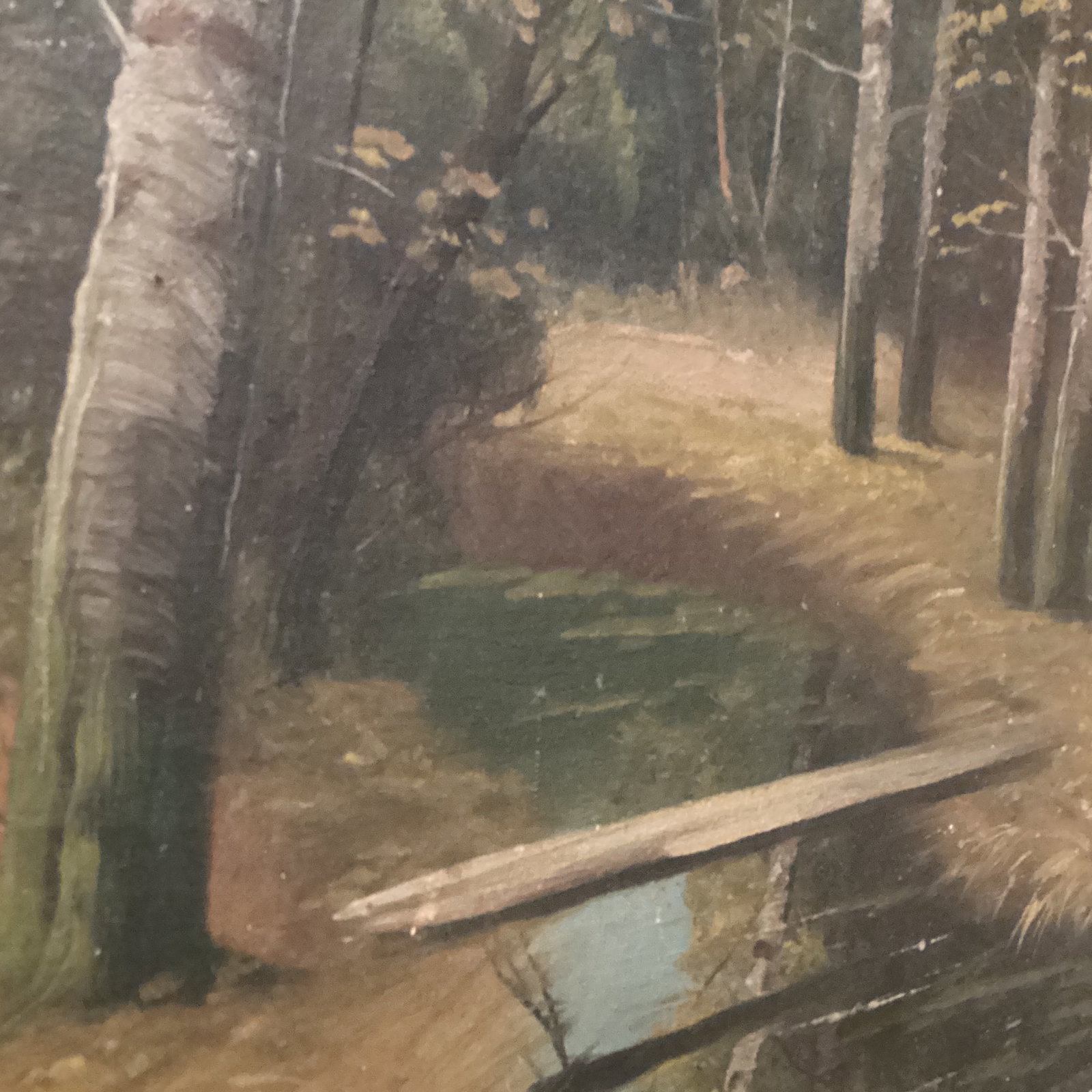 Antique Framed Painting on Canvas Golden Forest Pass With Bridge Over a Stream - 7