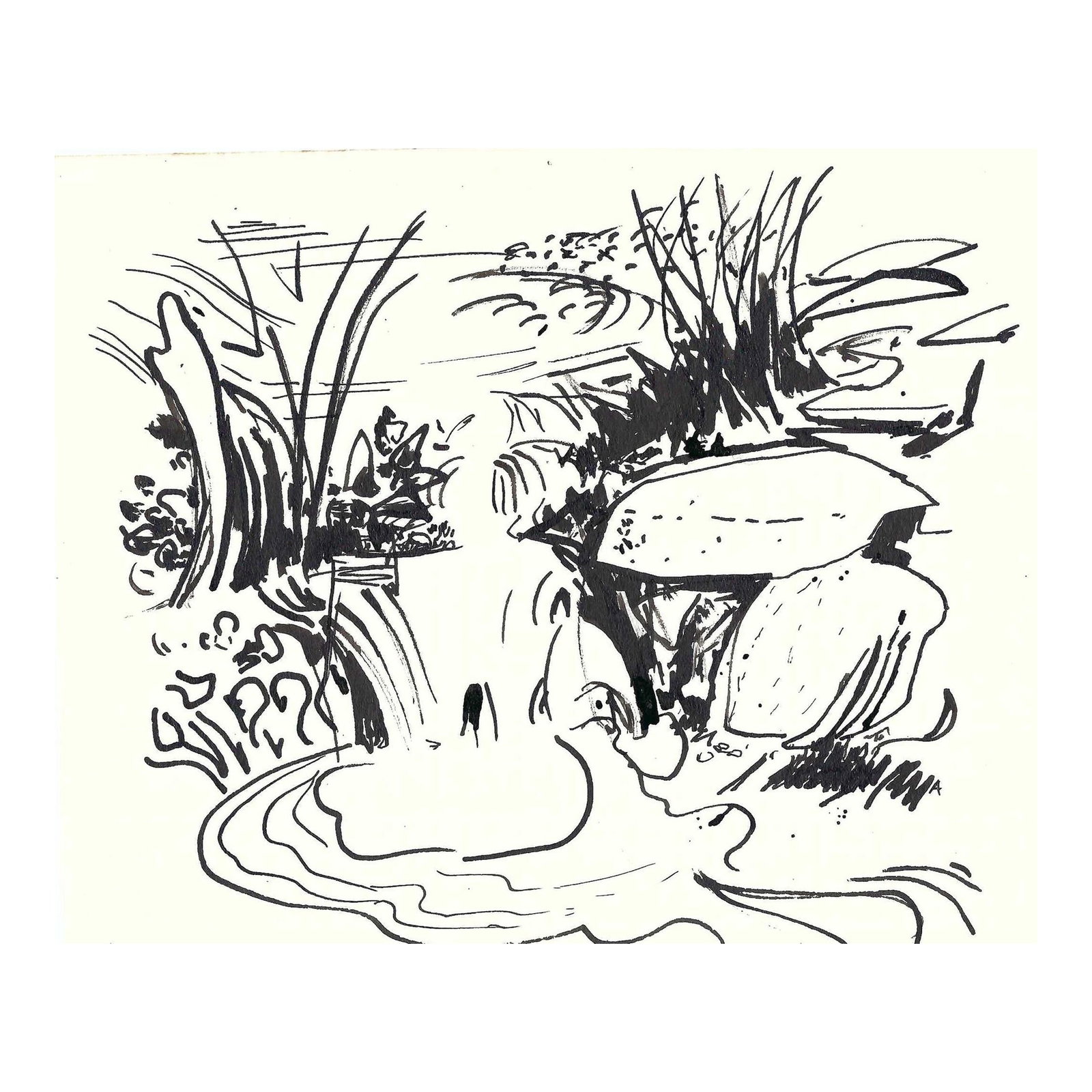 1950s Robert Angeloch Stream Landscape Painting: MCM ink wash and watercolor on heavy paper by Robert Henry Angeloch (1922-2011). Initialed on the front lower right. Estate stamp on the back. Bob Angeloch was born in Richmond Hill, New York, April