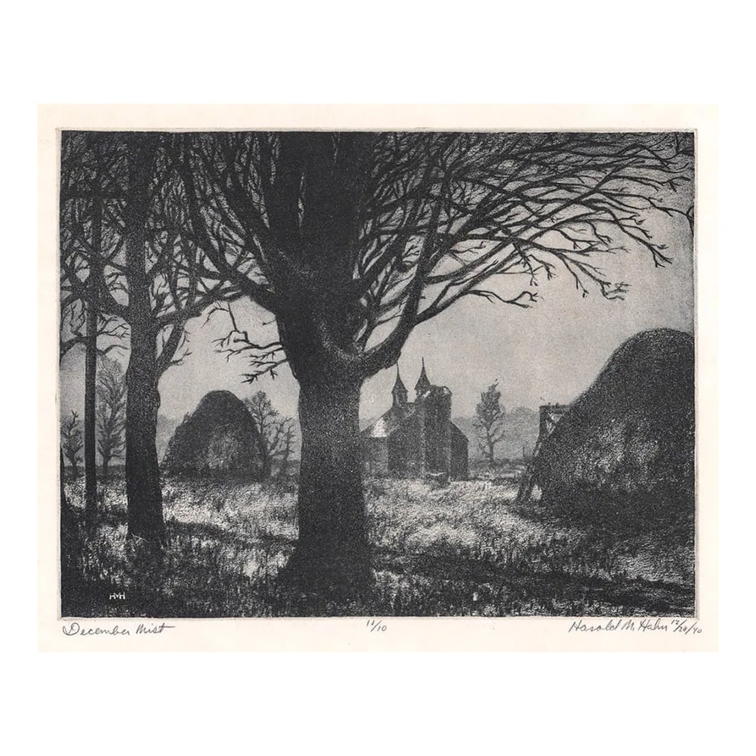 1940 Harold Hahn December Mist Aquatint: By Cleveland Ohio artist Harold Maxwell Hahn (1920-2012) "December Mist" etching and aquatint, pencil signed lower right, plate signed on left, dated 12/28/40, and numbered 10 of 10. Harold Hahn was a