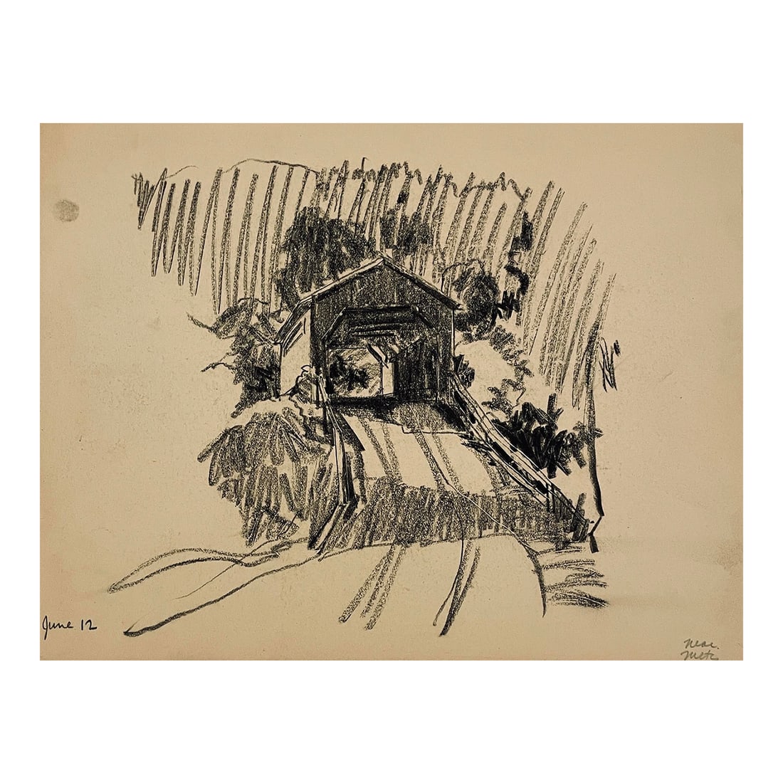 Norman Kent Mentz New York Covered Bridge Drawing: Covered bridge near Mentz, NY drawn on June 12, 1940 something. Born in Pittsburgh, American artist Norman Kent (1903 - 1972) attended the Rochester Institute and trained at the Art Students League in