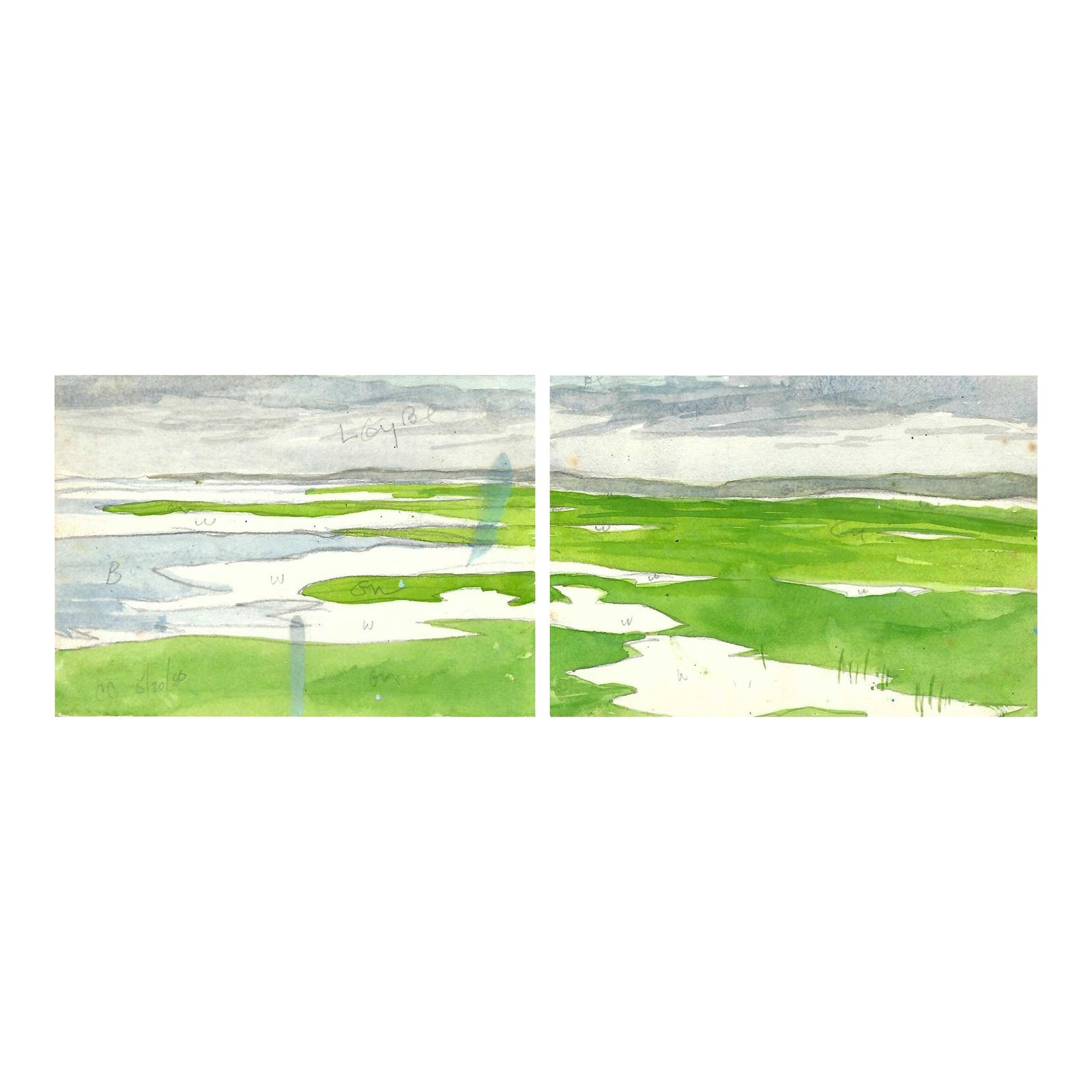 1970s Robert Angeloch Landscape Diptych - Set of Two: Landscape diptych from a sketchbook by Robert Henry Angeloch (1922-2011). Watercolor on paper, one sheet has a sketch on the back. Estate stamp on the back of one sheet. Each sheet is 4 x 6 inches, 4 