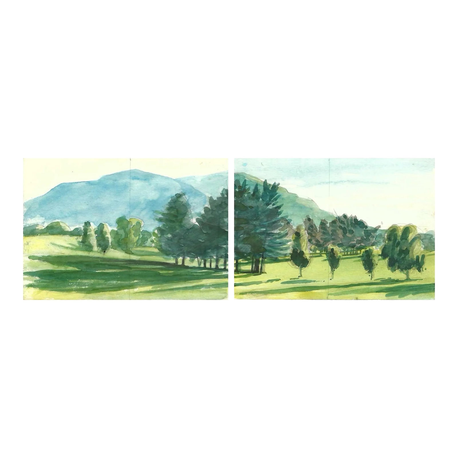 Robert Angeloch Diptych Landscape Painting - Set of Two: Landscape diptych from a sketchbook by Robert Henry Angeloch (1922-2011). Watercolor on paper, one sheet has a sketch on the back. Estate stamp on the back of one sheet. Each sheet is 4 x 6 inches, 4 