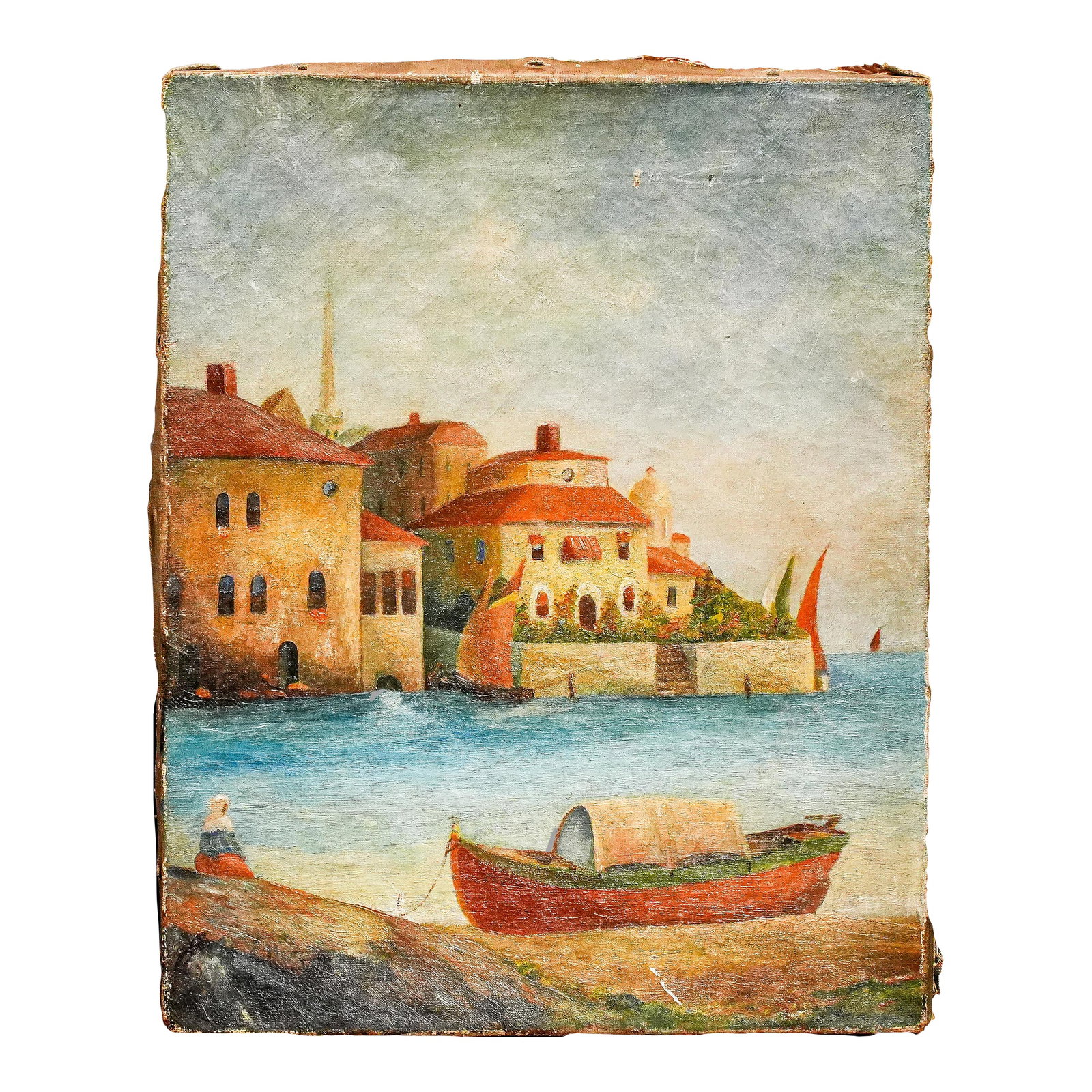 Colorful Mediterranean Coast Landscape Antique Oil Painting Home Wall Decor Grand Tour Travel: This charming antique oil painting on canvas, dating back to circa 1900, captures a serene coastal village scene that transports the viewer to a bygone era. The painting features a tranquil seaside la