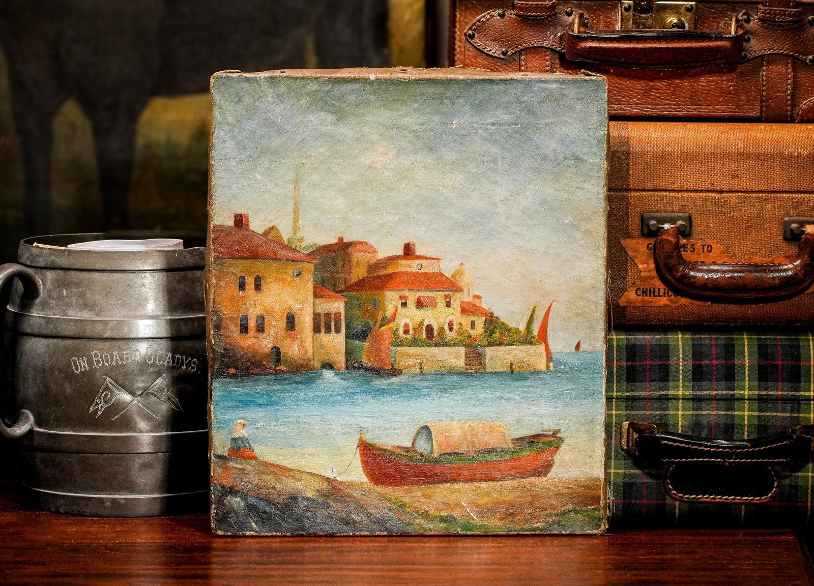 Colorful Mediterranean Coast Landscape Antique Oil Painting Home Wall Decor Grand Tour Travel - 2