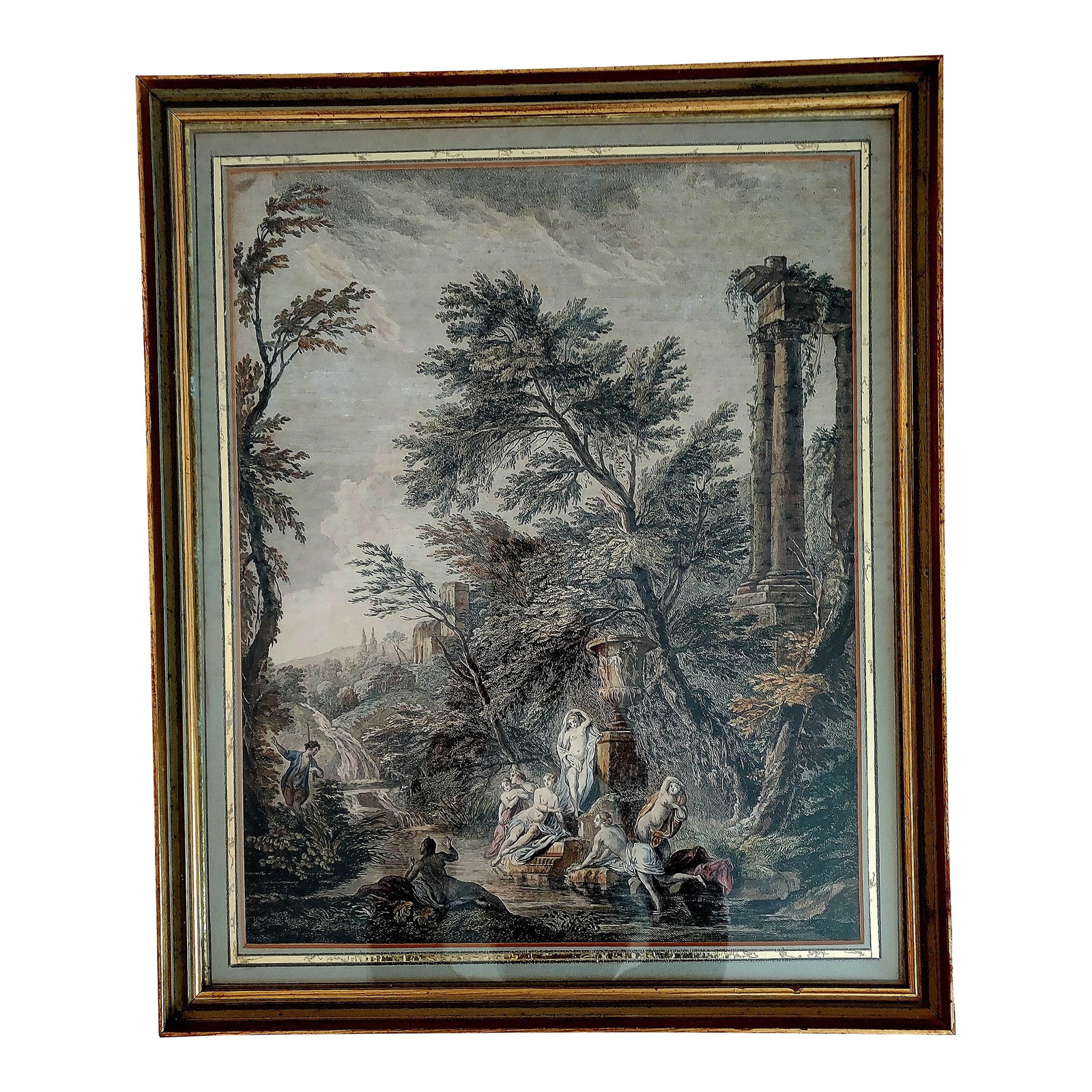 Late 18th Century Framed Colorized Engraving "Le Bain Trouble" by Marguerite Therese Maugein 18th Ce: This is a beautifully framed and matted colorized print of "Bathers Disturbed" or "Le Bain Trouble" by Marguerite Therese Maugein b 1736 - ?. Maugein (and this particular engraving) was featured in a