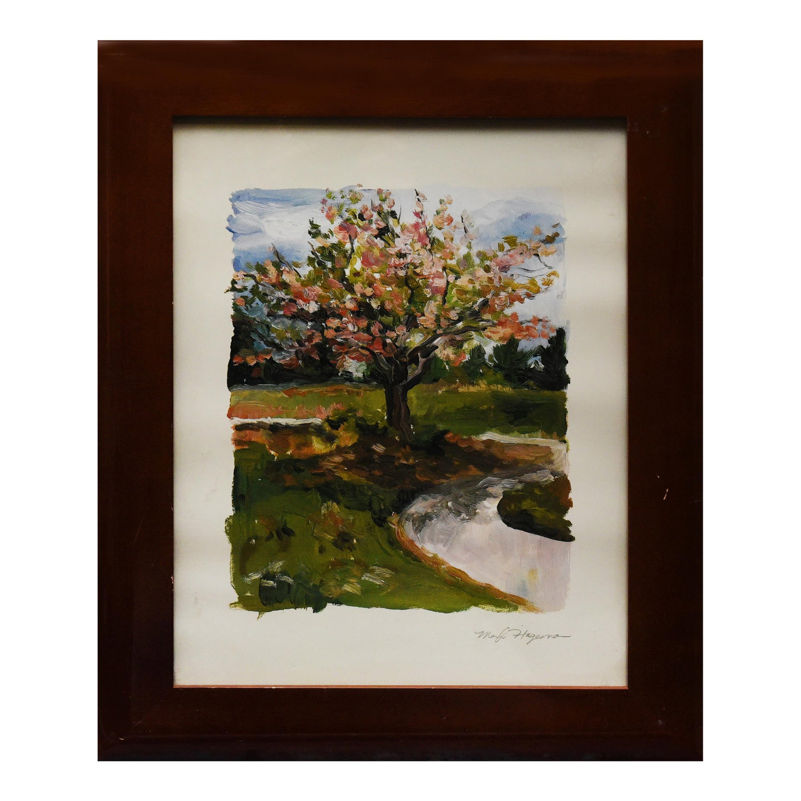 1990s Hageman Watercolor: Blossoming Tree: Watercolor painting by Marilyn Hageman, depicting a flowering tree in full bloom, signaling the arrival of spring. Signed "Marilyn Hageman" (lower right). Dimensions: 14" x 17" framed. Condition: