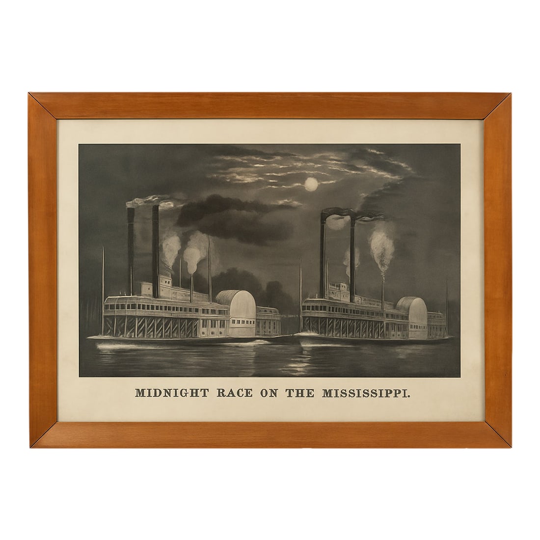 "Midnight Race on the Mississippi" Framed Lithograph After Currier & Ives, C. 1940s-50s: Vintage mid-century lithograph after Currier & Ives' "Midnight Race on the Mississippi," depicting two steamboats racing under a moonlit sky. A timeless Americana image celebrating the romance of the 