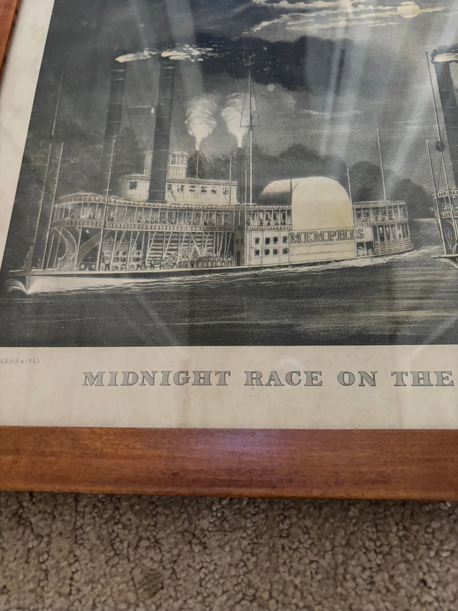 "Midnight Race on the Mississippi" Framed Lithograph After Currier & Ives, C. 1940s-50s - 6