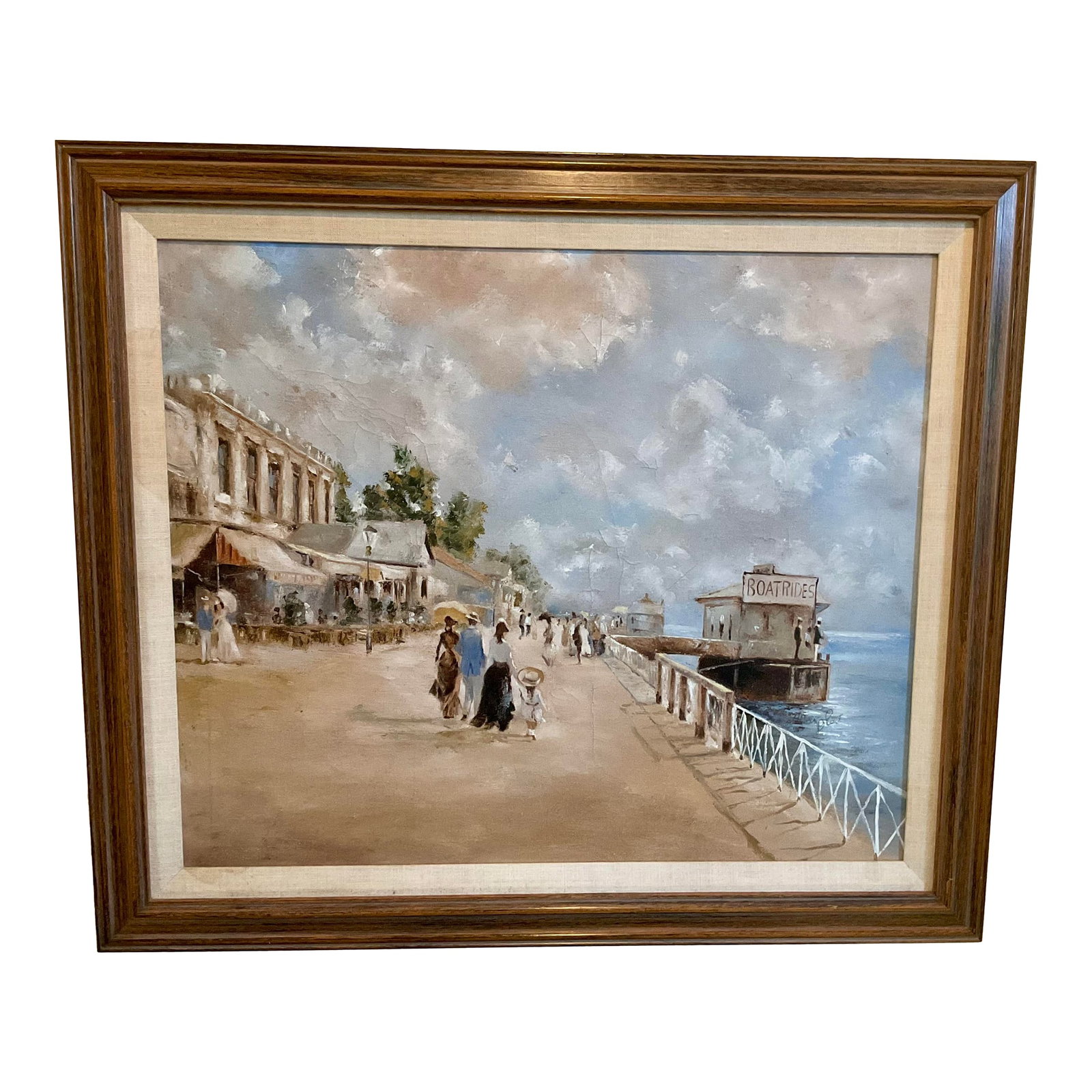 Vintage Oil on Canvas Painting of a Waterfront Landscape - Framed: The scene appears to be around the Victorian time period during the early 20th Century. It dose not date nor is it signed. Every time I see this painting it pauses me to slow down and enjoy a nature w