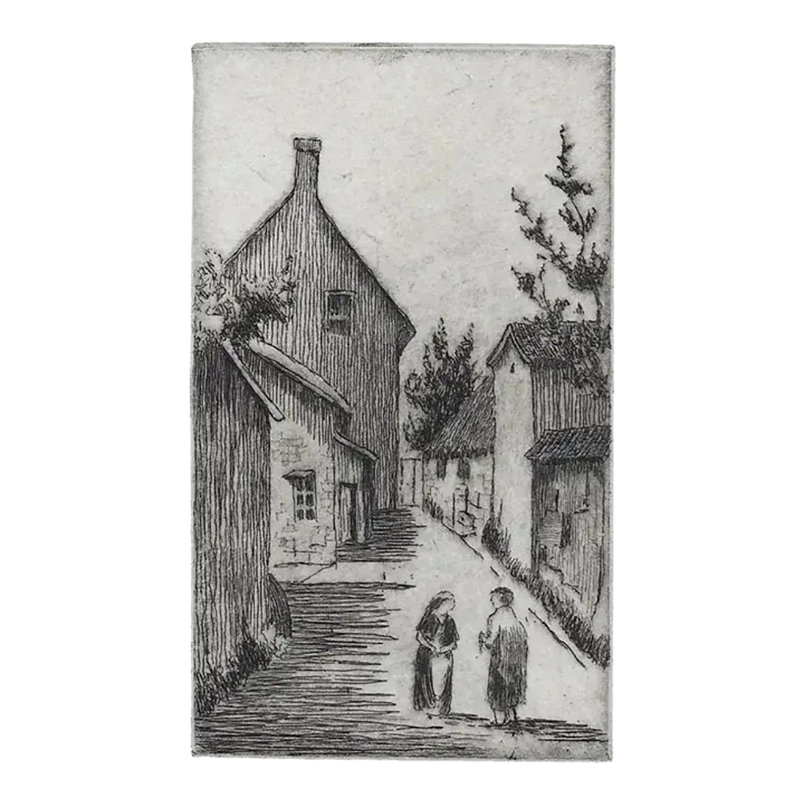 Stanley Harrod Gossip Etching: 1920s Stanley Harrod (1881-1954) "Gossip'" pencil signed etching on paper. Harrod was born in Leeds, England and died in Canada. During his career, he specialized in bookplates. He researched the