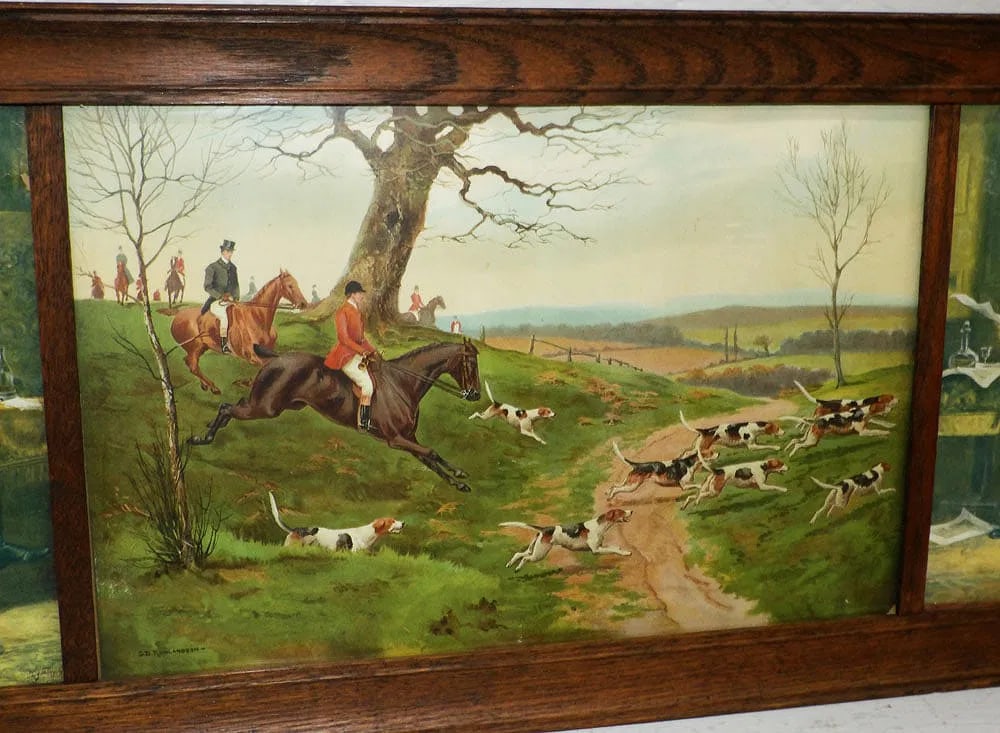Antique English Fox Hunting Triptych in Oak Frame - 2