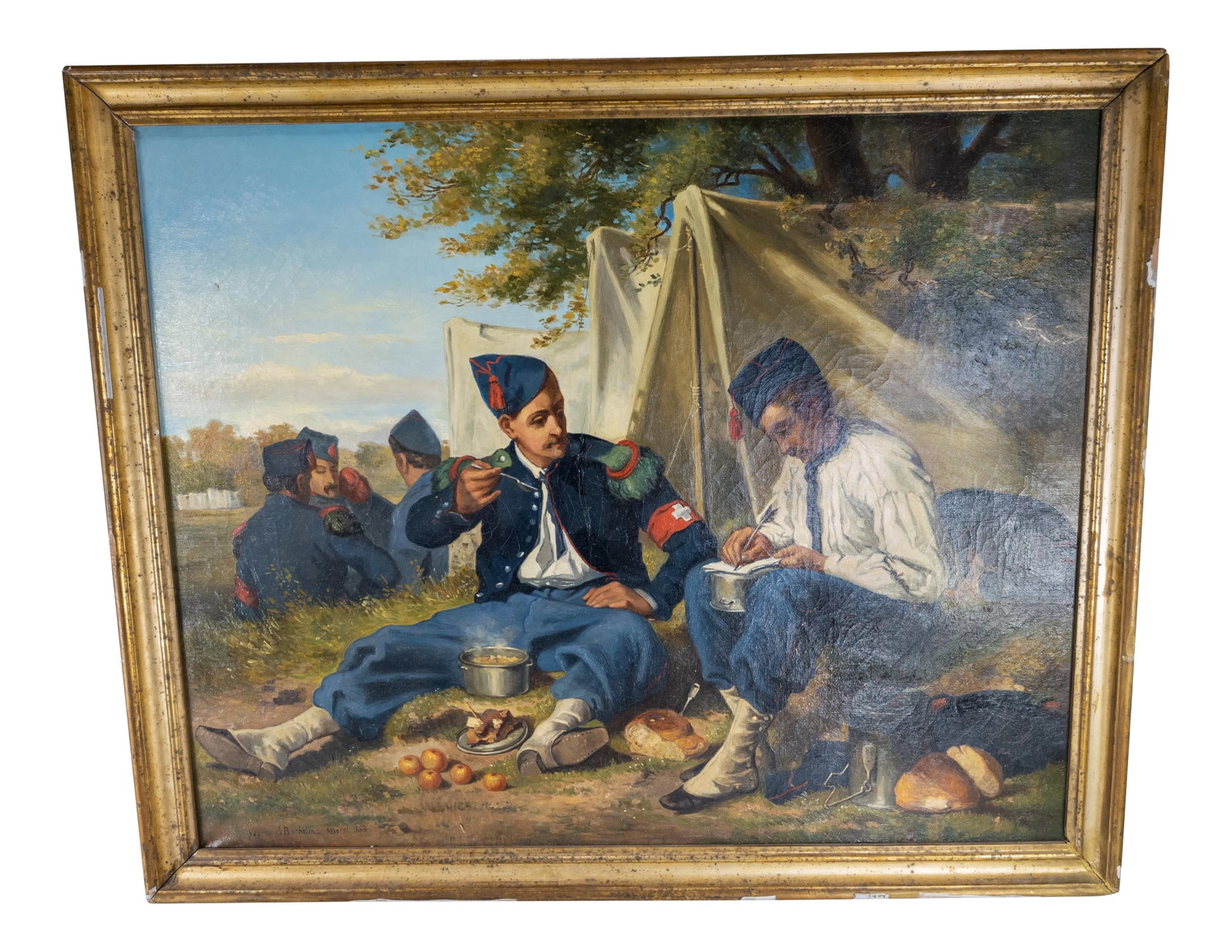 Oil on Canvas Painting of Franco-Prussian War by Auguste Bachelin: We are offering this high quality Oil on Canvas painting. This painting is signed in the lower right for Swiss artist Auguste Bachelin (1830-1890). It is also signed Sapres, which might be the title