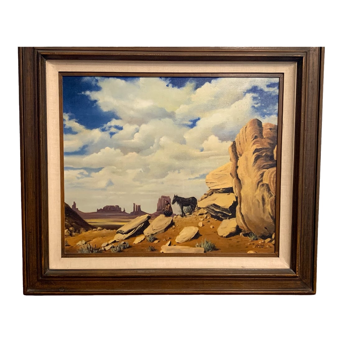 Vintage Western Desert Landscape Oil Painting With Horse, Framed Southwest Art: Vintage Western landscape painting depicting a quiet Southwestern desert scene with layered sandstone formations, expansive sky, and distant mesas. A lone rider and horse pause within the vast
