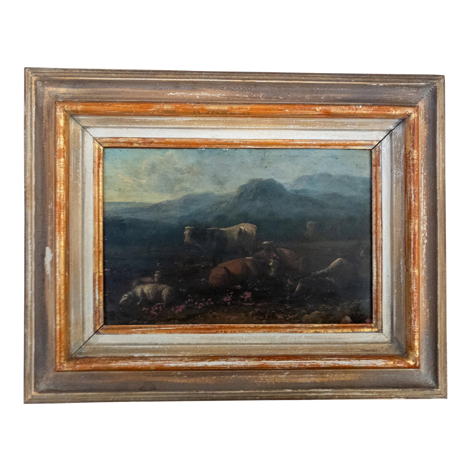 19th Century Grand Tour Old Master Landscape Oil on Copper Painting of Cows and Sheep With Shepherd: We are selling this 19th century or earlier Old Master painting. This painting is executed in oil on copper panel featuring several cows and sheep laying in a field with a shepherd in attendance with 
