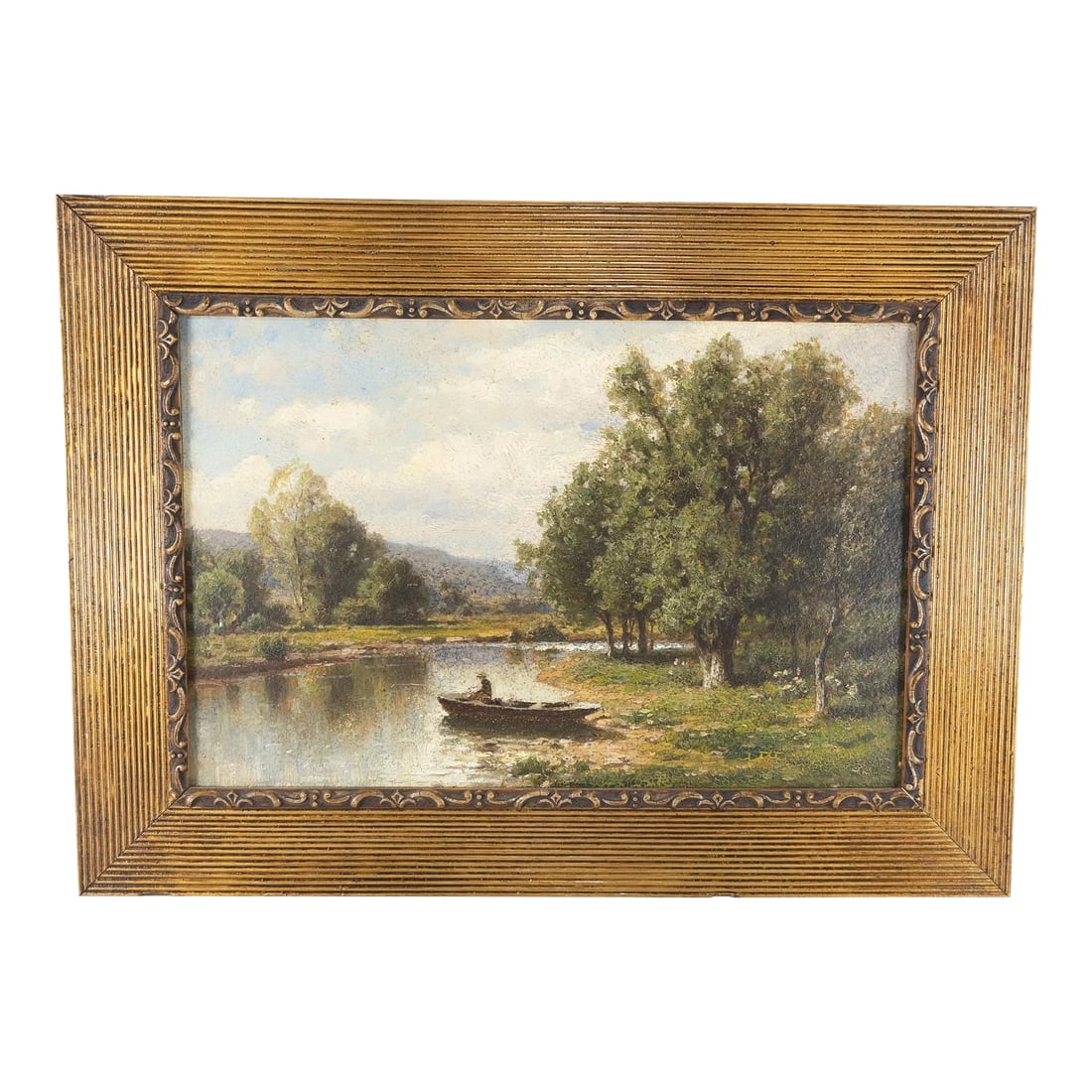 American School Oil Landscape Painting: We are selling this fine quality American school painting. This oil painting is done on a extra high quality cardboard panel. The painting features a simple landscape scene of a small pond with a man
