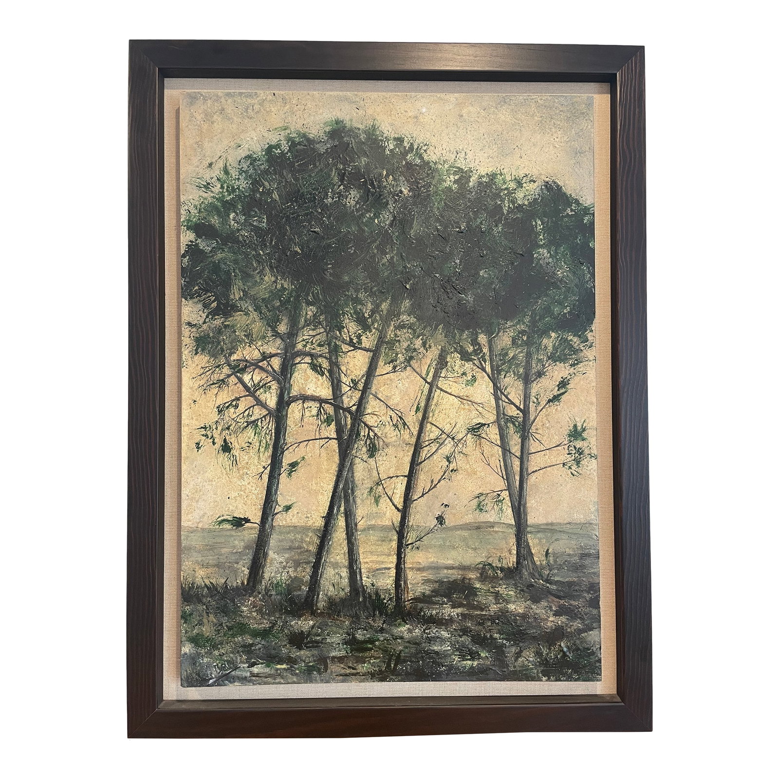 Framed Joan Peris Mixed Media Painting "Arboles": Part of a set, this beautiful arboreal landscape by contemporary Spanish artist Joan Peris will add a touch of sophisticated moodiness to your living space. "Arboles" is mixed media, painted on wood,