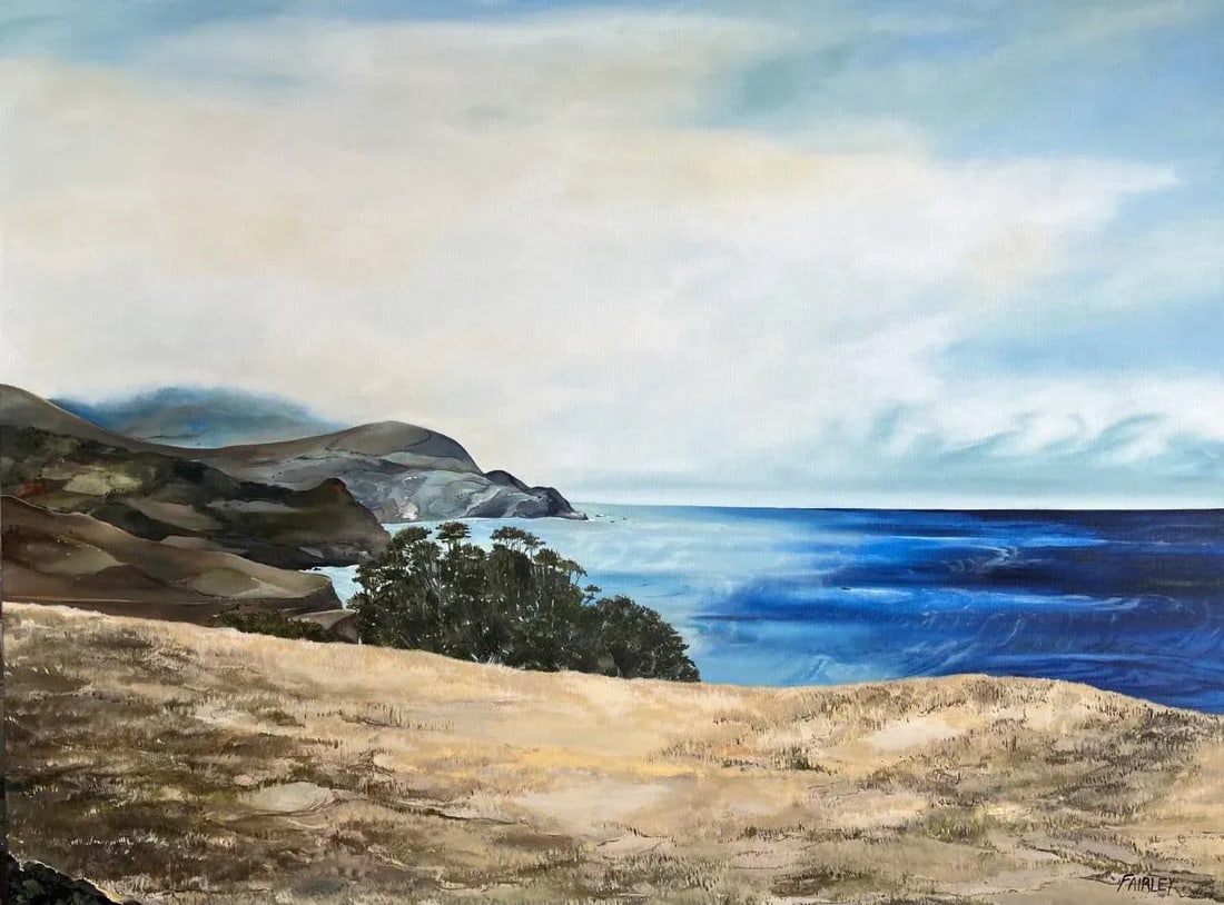 "Big Sur, California" Contemporary Coastal Landscape Oil Painting by Jessica Fairley: This original painting by Jessica Fairley depicts Big Sur, a breathtakingly beautiful section of the central California Coast, as seen from the car window, a snapshot in time and space. Condition: Imp