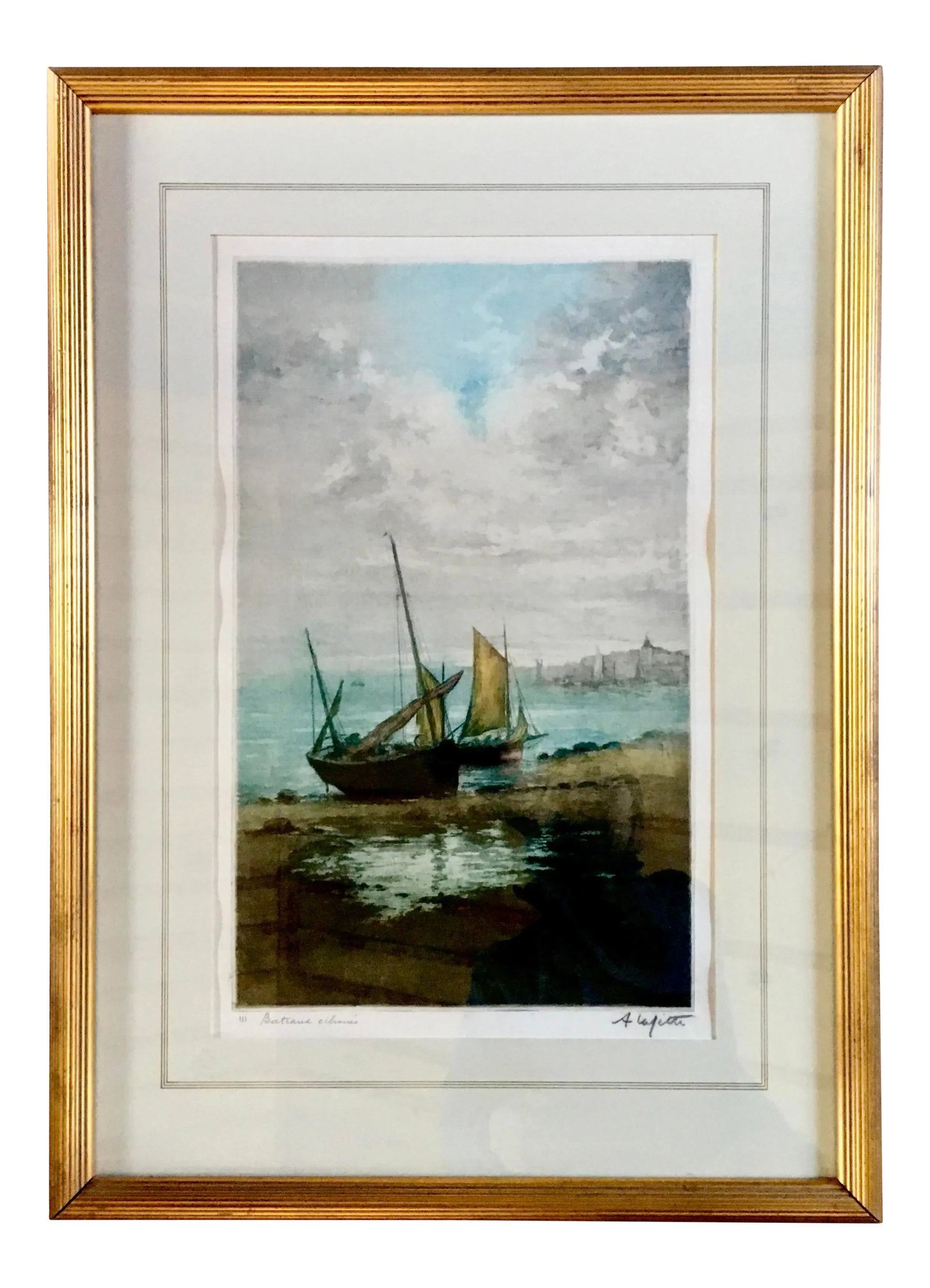 20th Century Manuel Robbe Aka: Alphonse Lafitte Aquatint, "Bateaux Echoues" - 9
