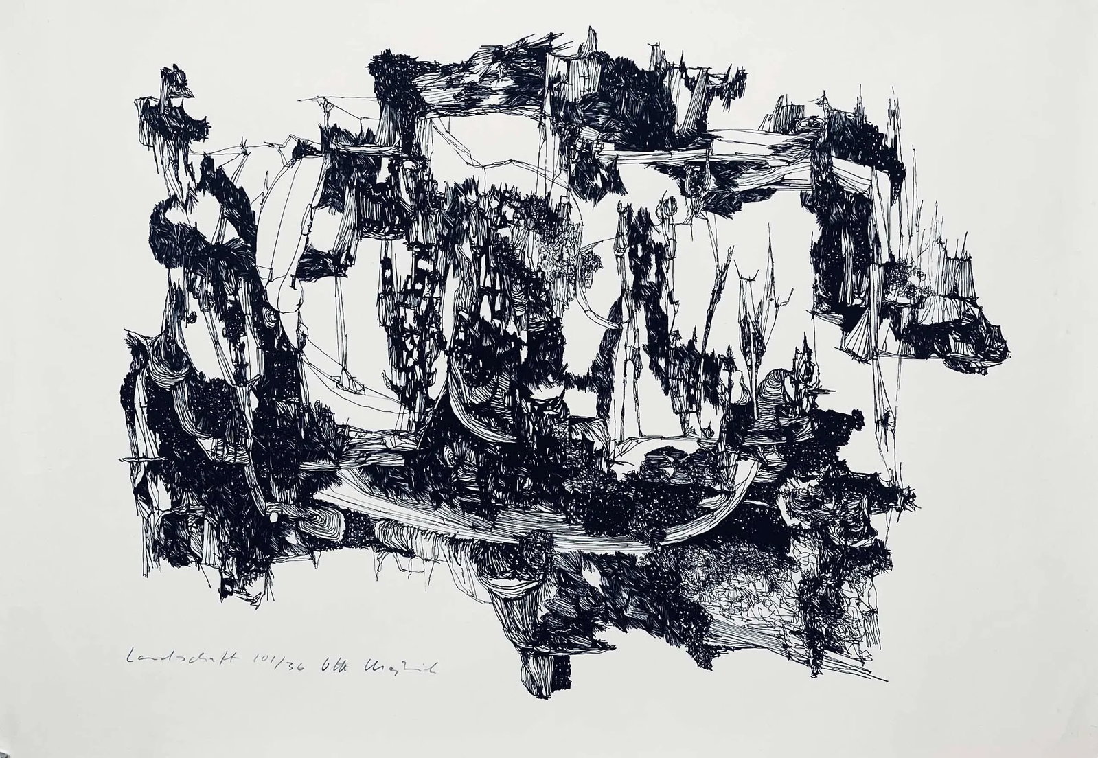 1960s Abstract Landscape Artist's Proof Signed and Numbered Print: Beautifully composed, bold graphic black and white artist's print. A bit of an upside down, Inception-like vibe here. We haven't been able to stop looking at.. This print came from a lot with other