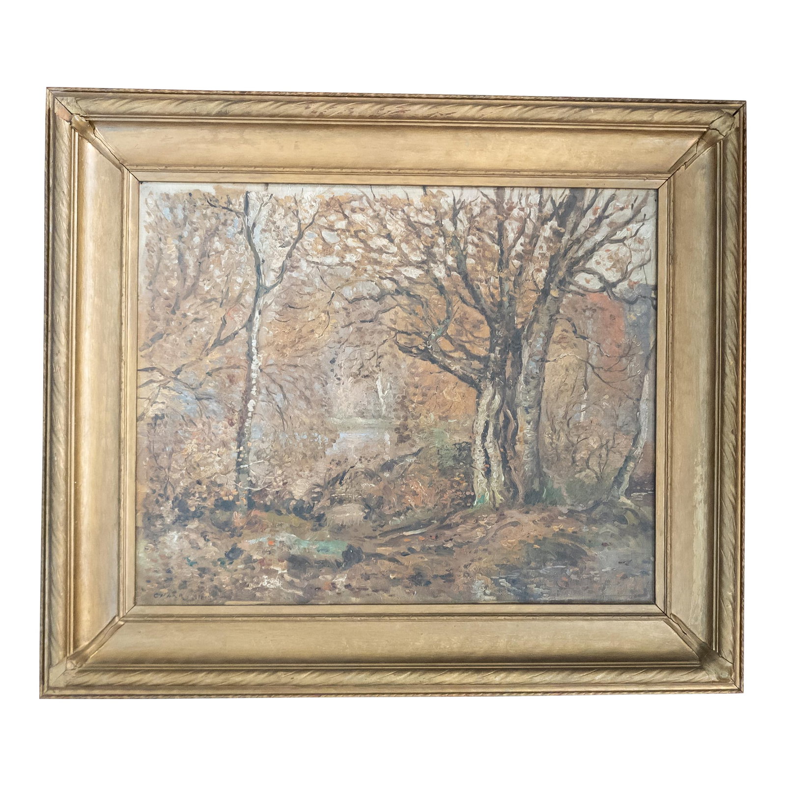 19th or 20th Century American Impressionist Wooded Landscape Painting, Signed Illegibly: We are selling this interesting American impressionist landscape. This landscape features a wooded scene done in Fall colors, the painting appears to be influenced by Van Gogh with it's brushwork