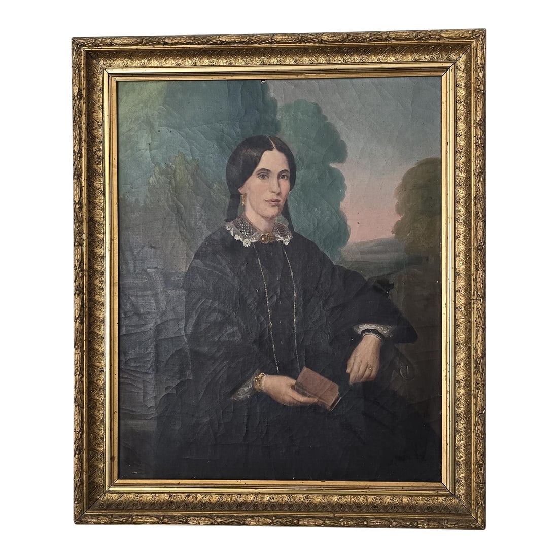 Mid-19th Century American Portrait of a Seated Woman Holding a Book: A refined mid-19th century American School oil portrait depicting a seated woman holding a book, rendered in a restrained palette with a softly modeled landscape background. Condition: Alterations: