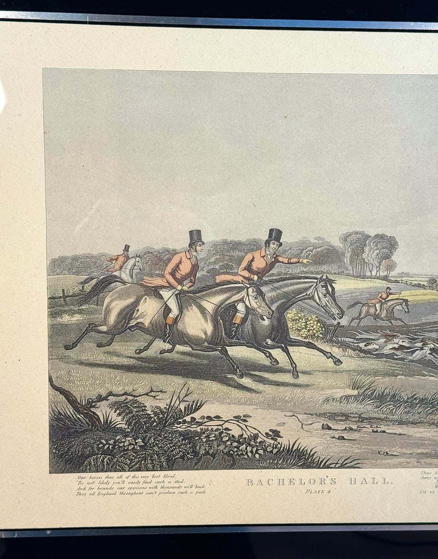 Antique English Bachelor's Hall Fox Hunt Framed Art Lithograph - 9