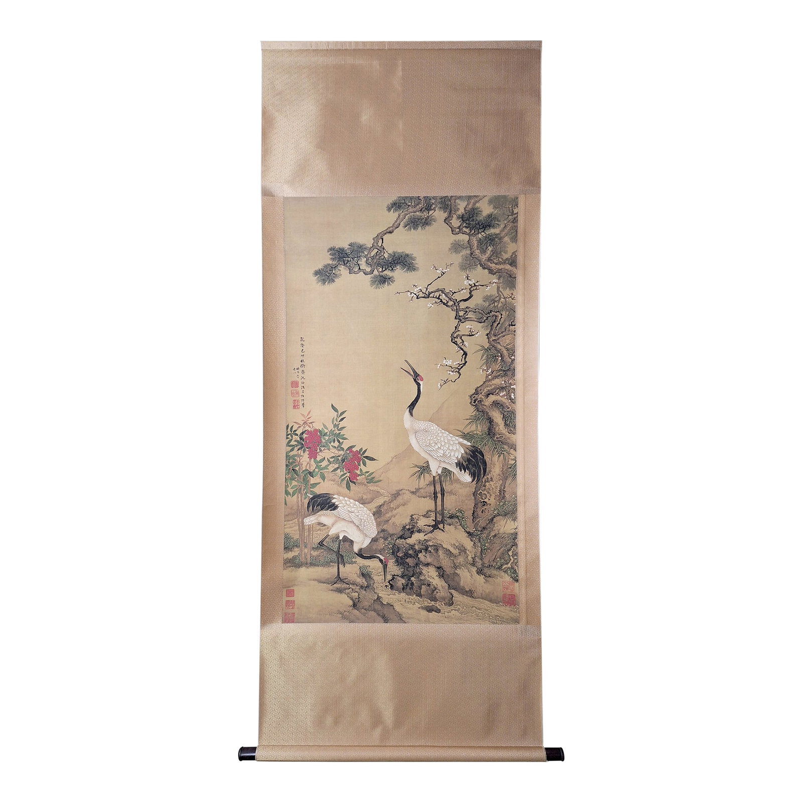 Chinese Huaniao Scroll: Chinese huaniao scroll, a bird and flower scroll in freely drawn, colored inks on silk, mounted on a shimering, gray and gold silk brocade in a wanzi lattice pattern, signed at the middle left, in